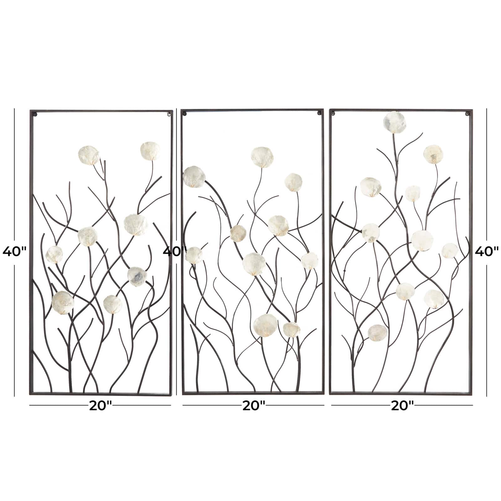 Black Metal Floral Wall Decor with Capiz Accents Set of 3 20", 40"