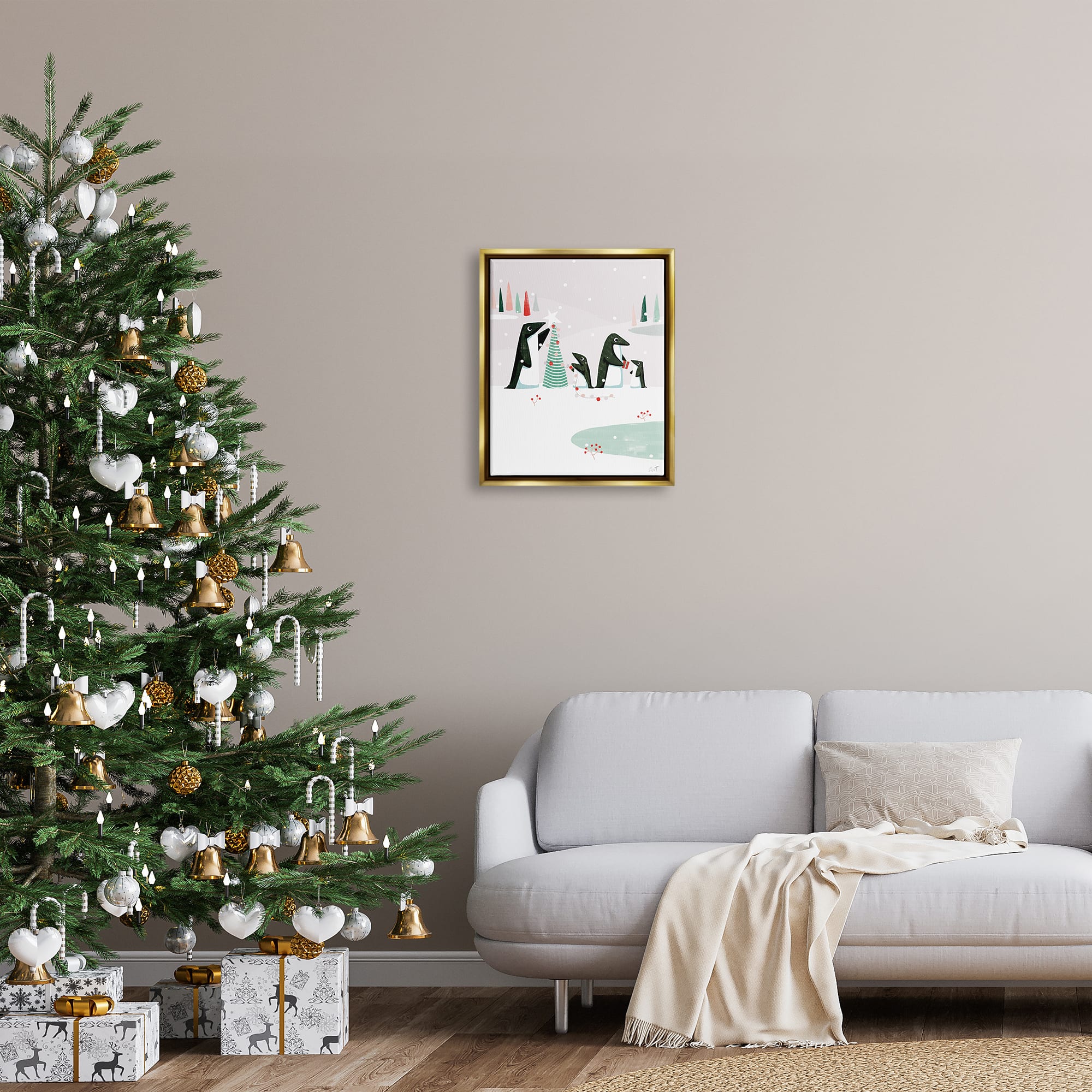 Stupell Industries Penguins Decorating Christmas Tree Framed Floater Canvas Wall Art