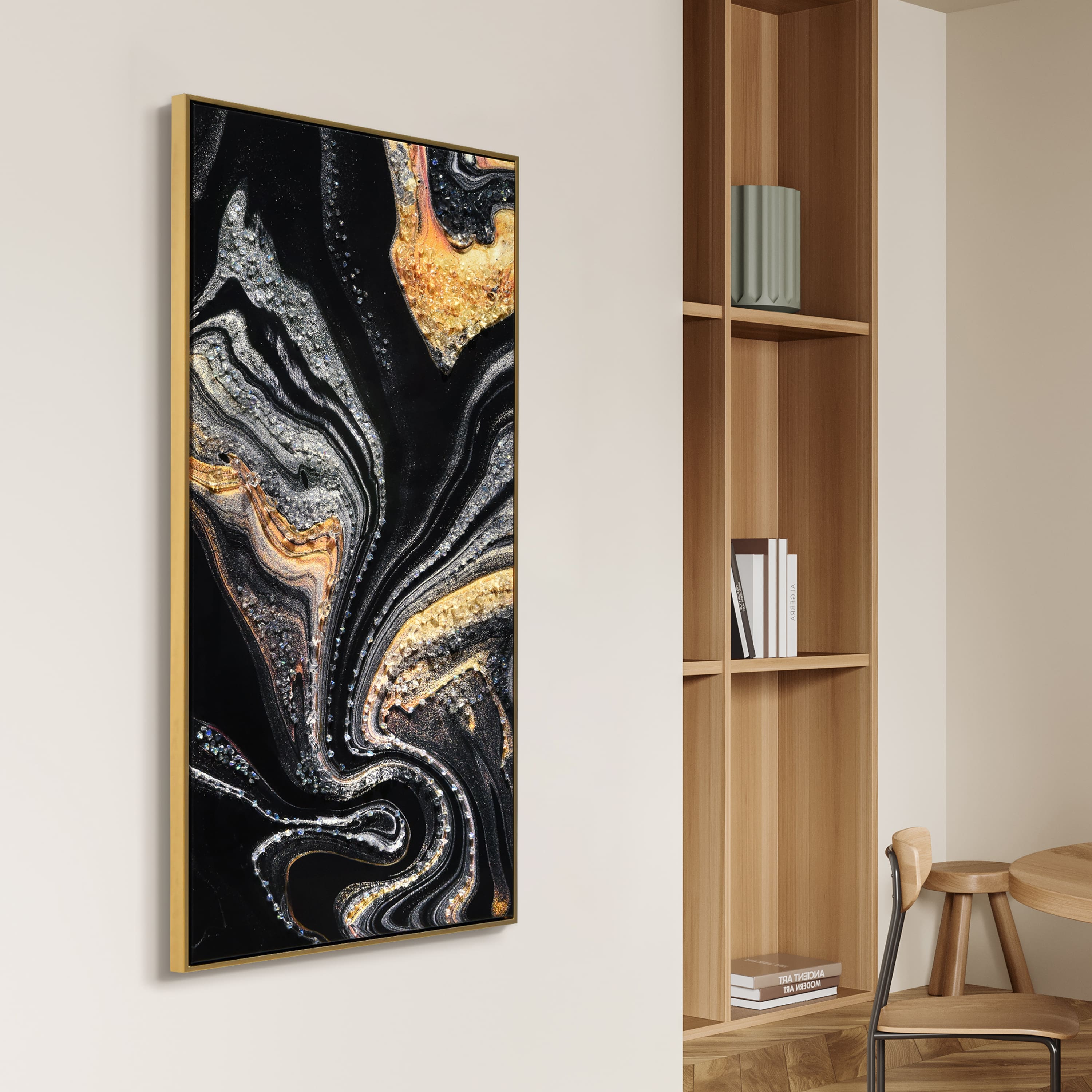 Empire Art Direct Arte De Crystallus 24" x 48" Golden Veins III Epoxy Coated Wrapped Framed Glossy Abstract Canvas Wall Art