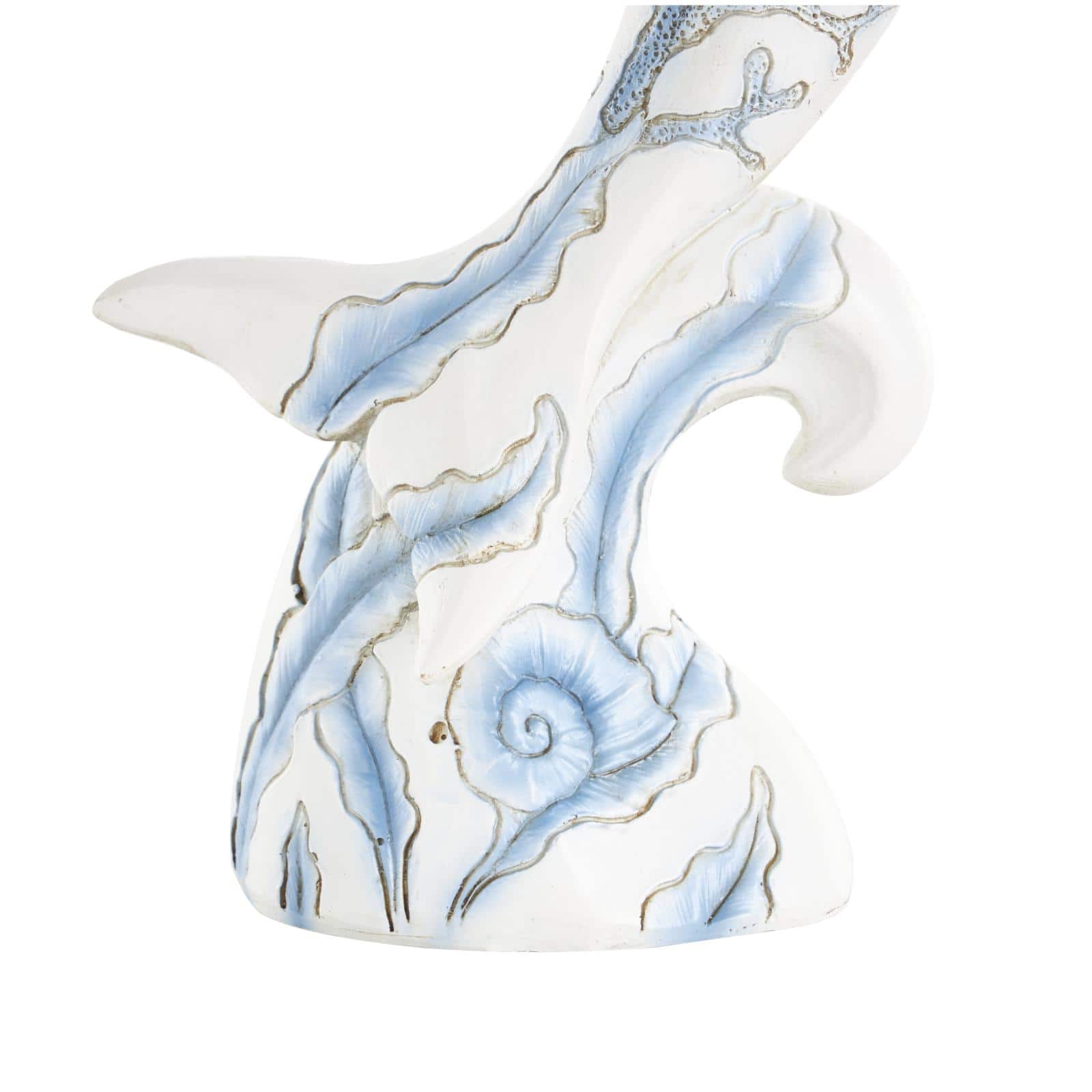 12" White with Blue Coral Pattern Curved Polystone Dolphin Sculpture