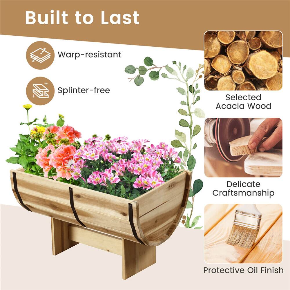 Costway 18" x 12" x 11.5" Solid Acacia Wood Half-Barrel Planter Box with Legs