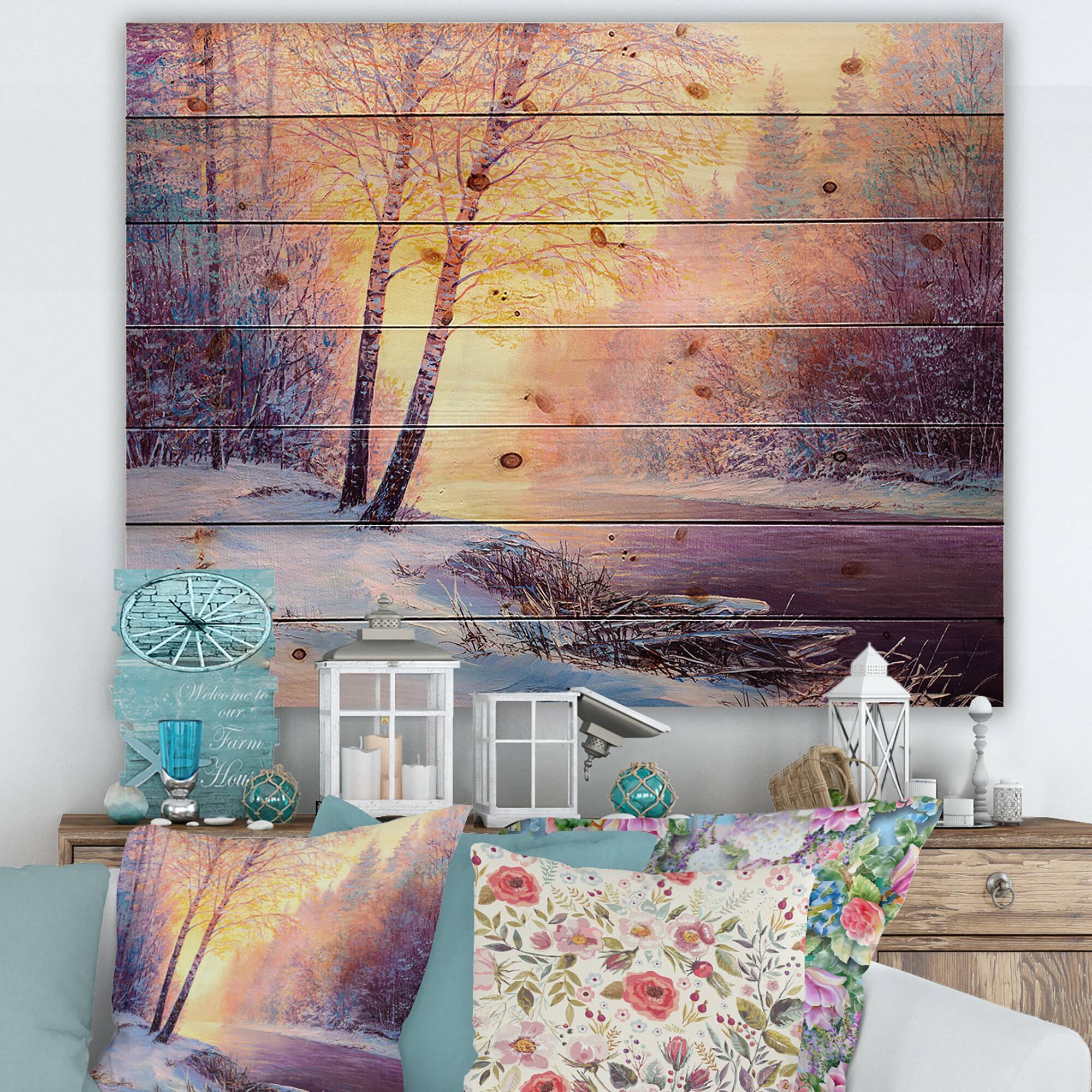 Designart - Winter Scenery With Bridge Of Meandering River II - Lake House Print on Natural Pine Wood
