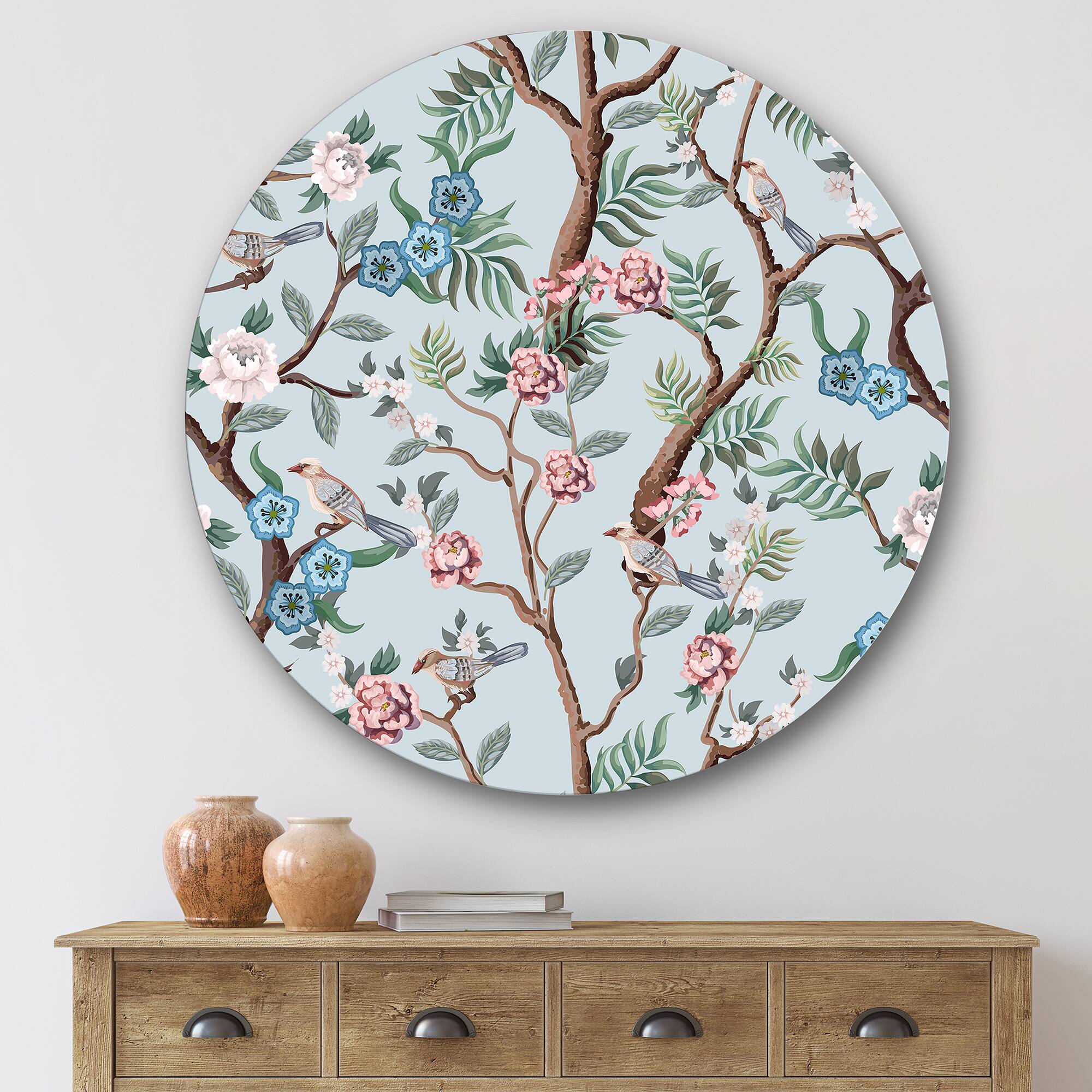 Designart - Chinoiserie With Birds and Peonies X - Traditional Metal Circle Wall Art