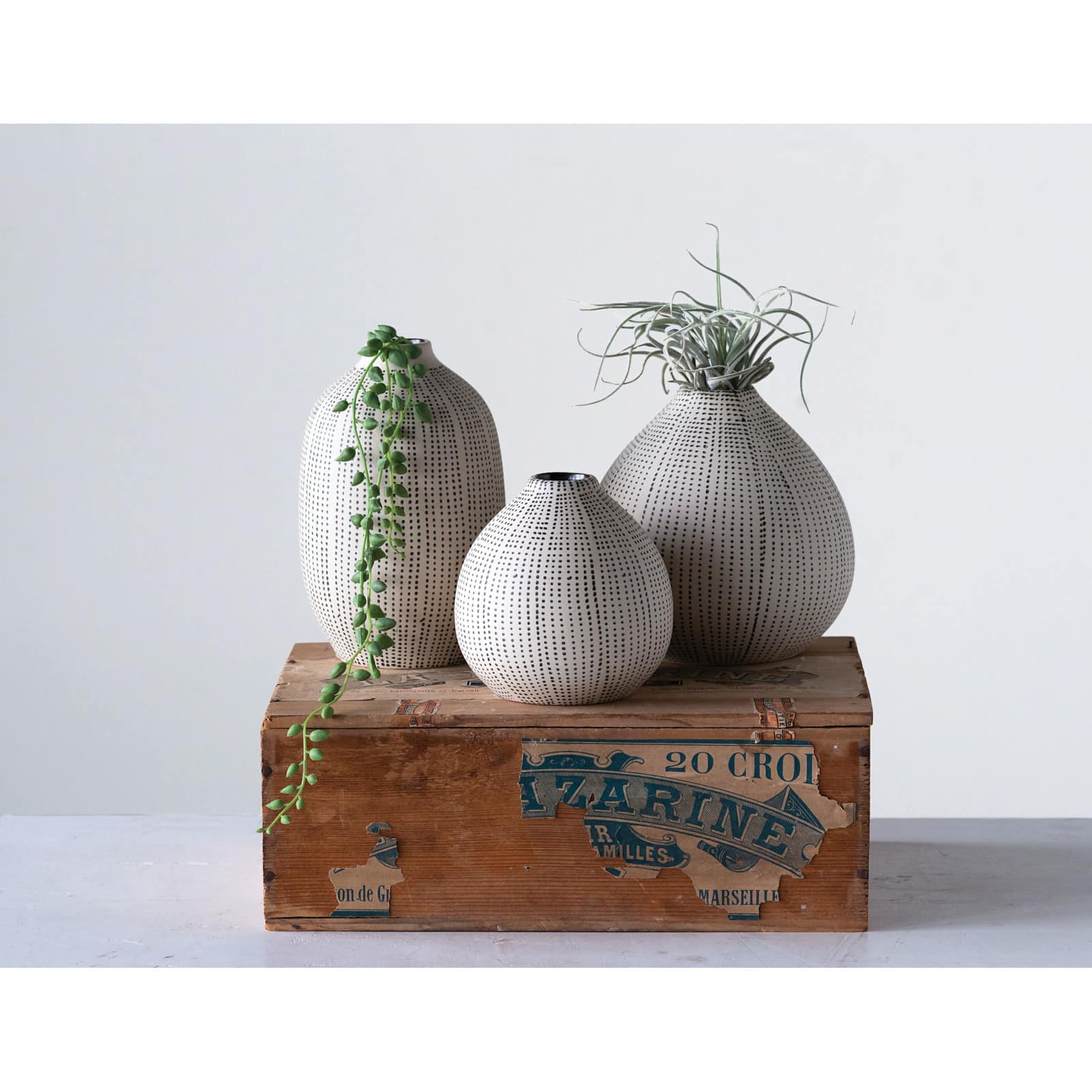 Hello Honey® White Stoneware Vases with Textured Black Polka Dots Set