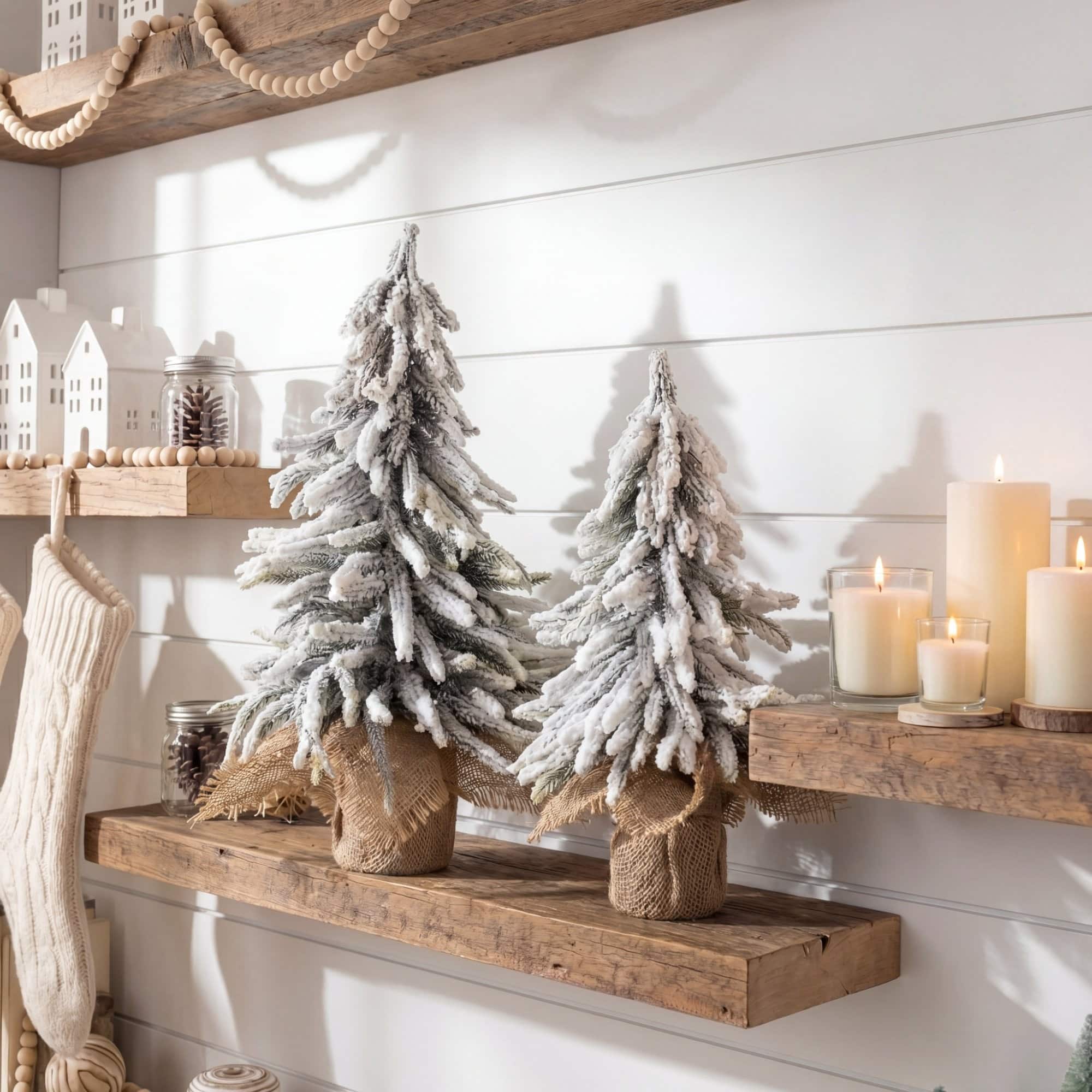 Nearly Natural Unlit Green Artificial Mini Flocked Christmas Tree with Burlap Base Set