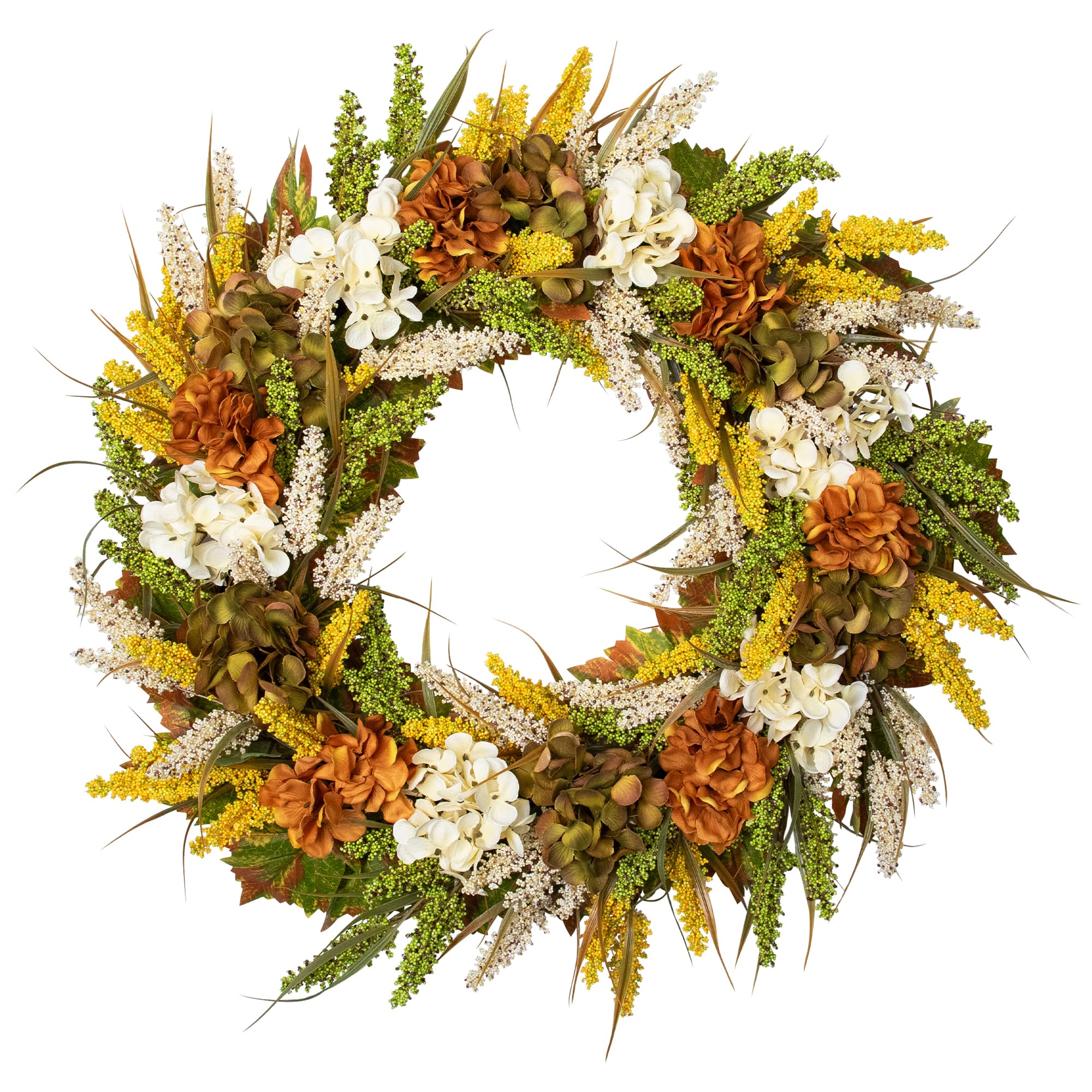 28" White & Orange Hydrangea Artificial Fall Harvest Twig Wreath