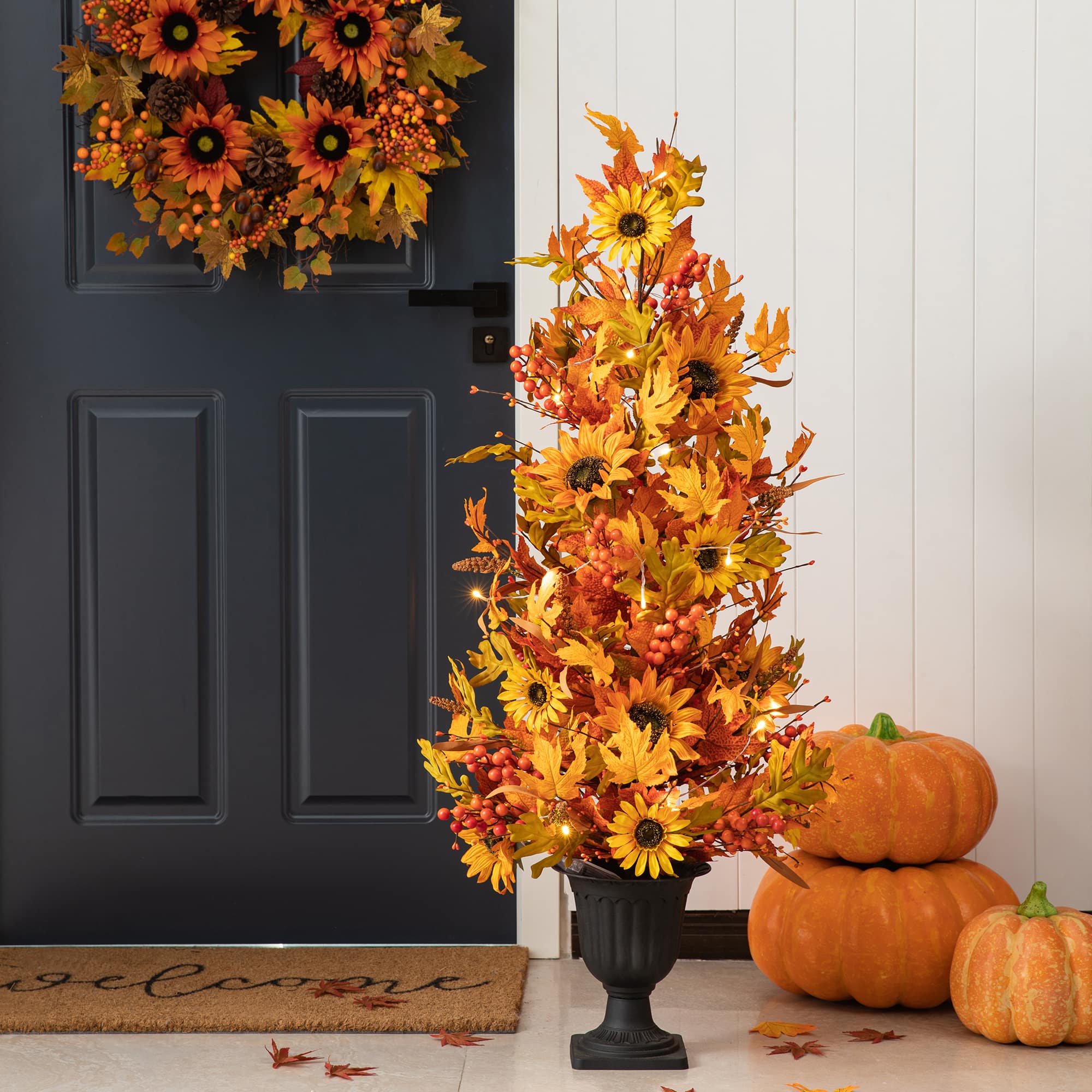 Glitzhome® 48" Fall Lighted Maple Leaf & Sunflower Urn Porch Tree with Timer