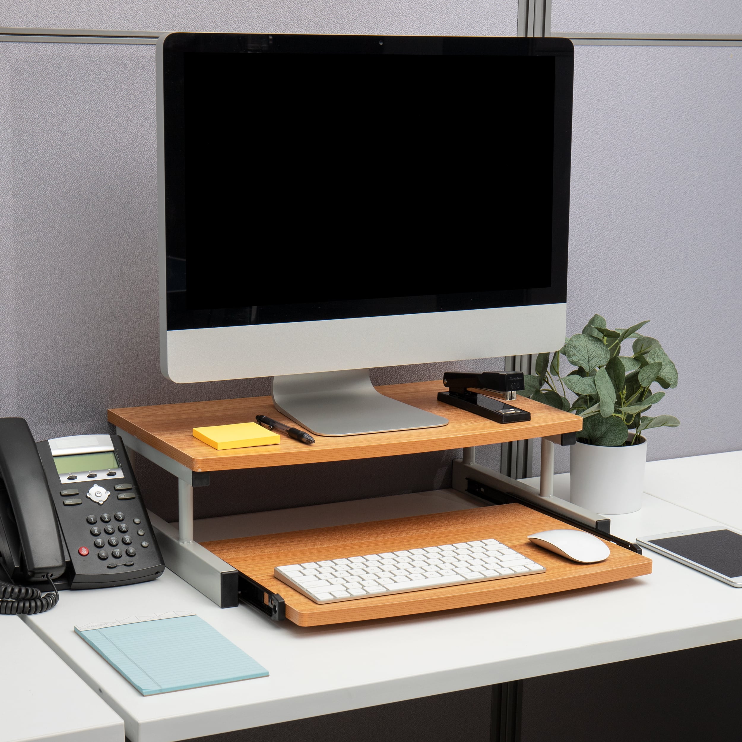 Mind Reader Brown 2-Tier Monitor Stand Riser with Sliding Drawer
