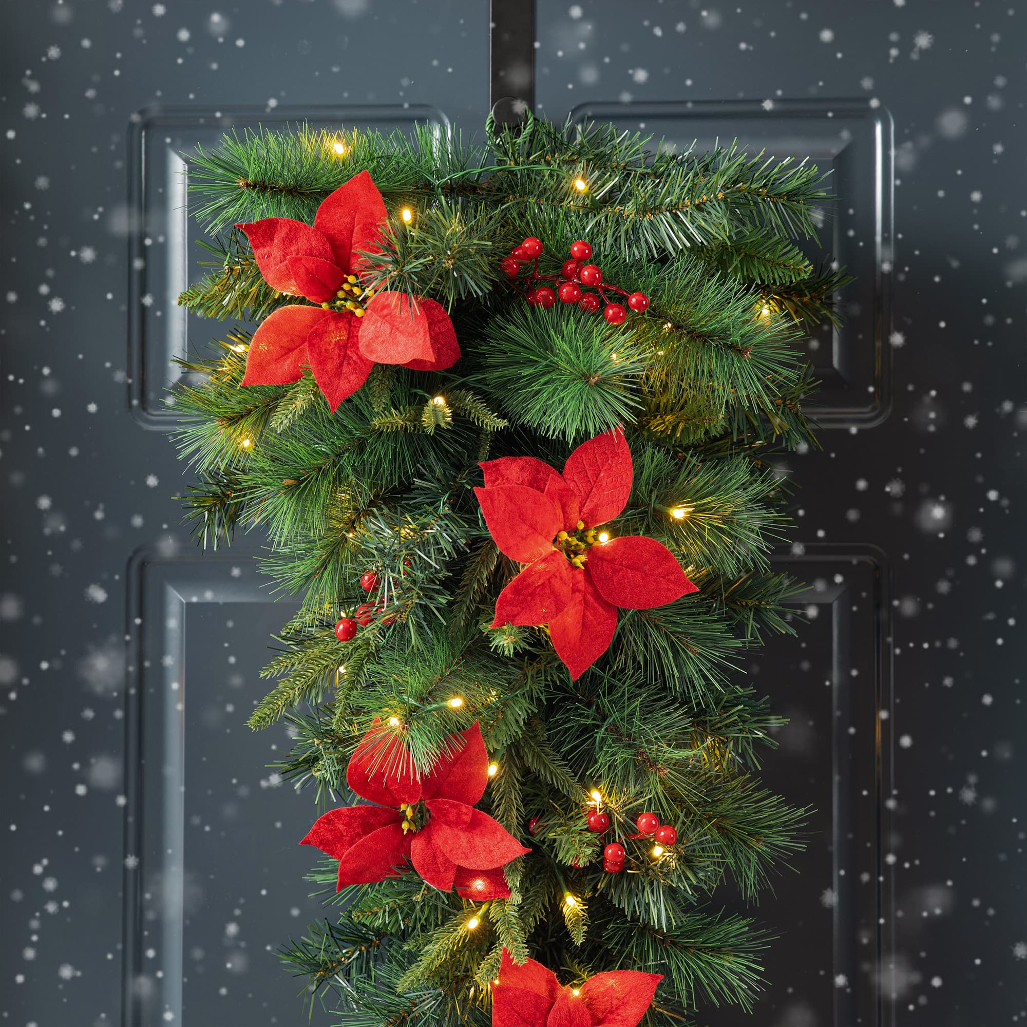 Glitzhome® 3ft. Pre-Lit Pine, Poinsettia & Berries Christmas Teardrop Swag