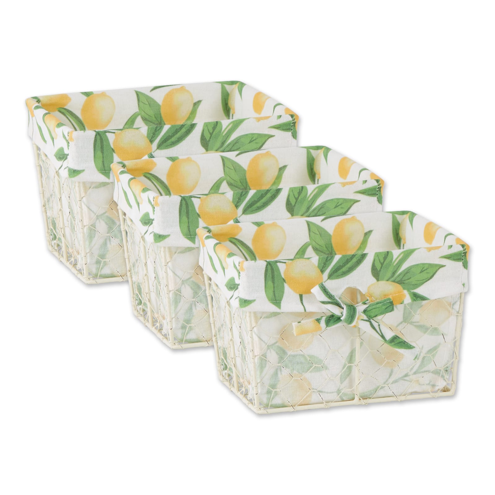 DII® Small Antique White Chicken Wire Baskets with Lemon Print Liners, 3ct.
