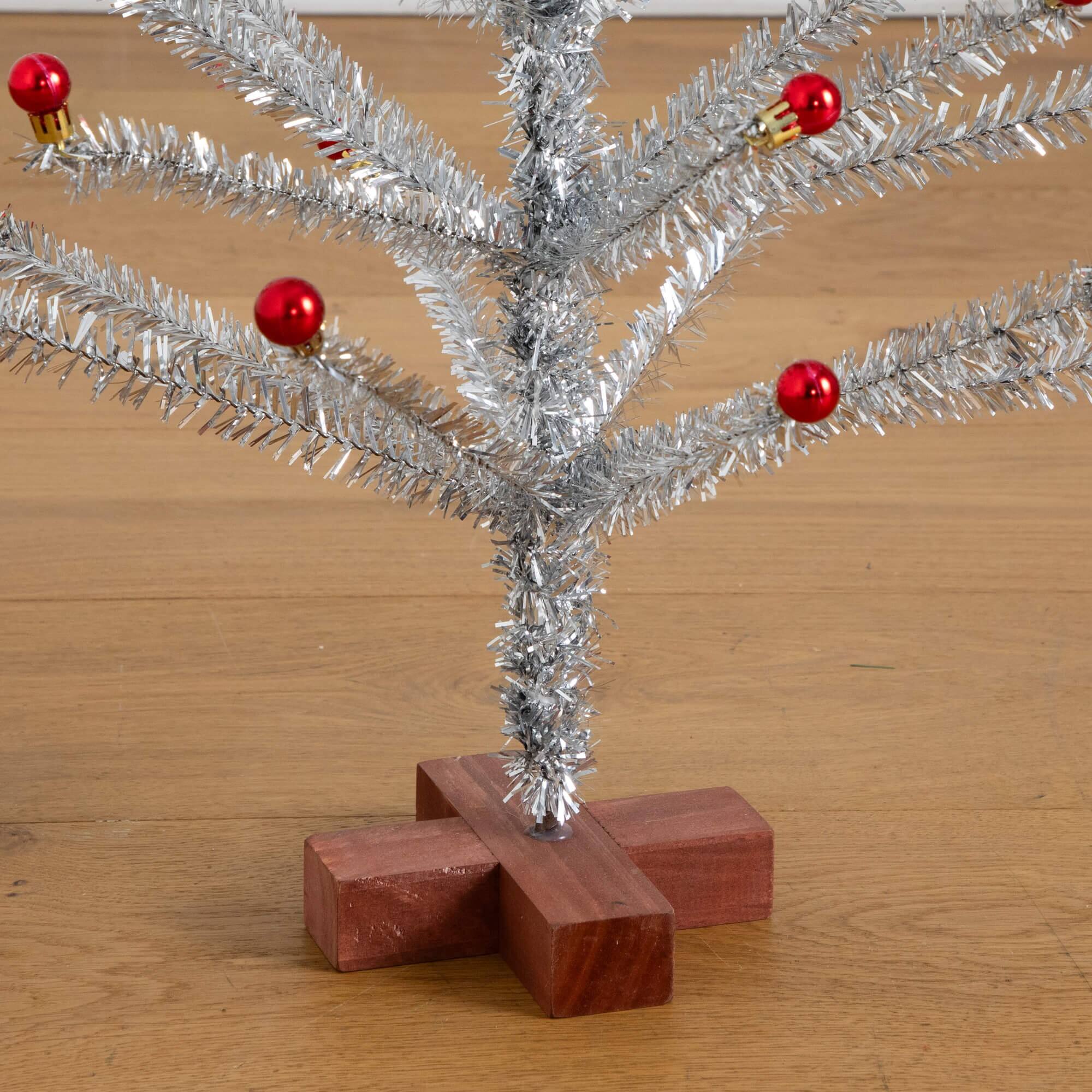 3ft. Artificial Retro Silver Tinsel Christmas Tree with 45 Red Mini Ornament Balls and Wooden Base