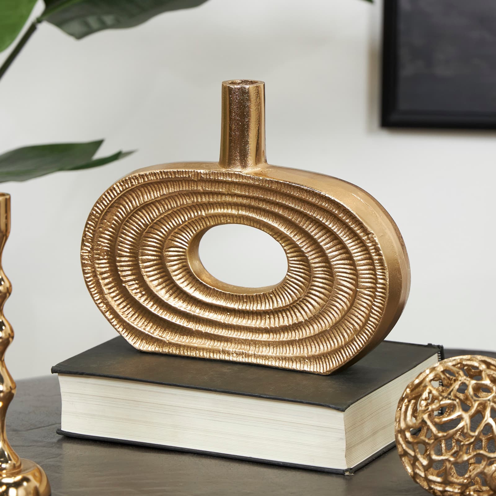 10" Gold Aluminum Geometric Circular Vase with Linear Etchings