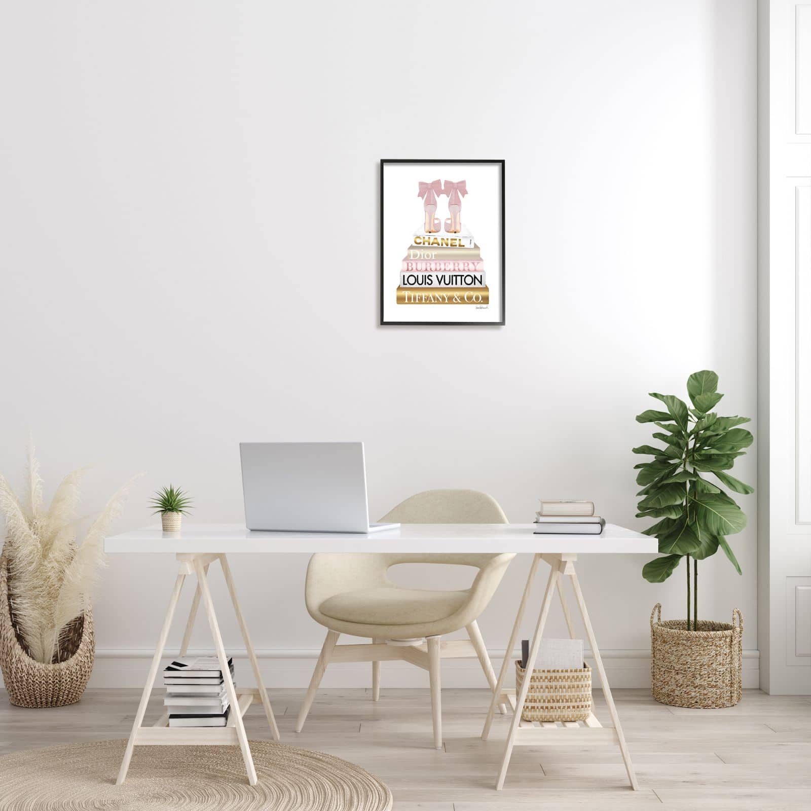 Stupell Industries Pink Gold Heels Bookstack Glam Fashion Design Framed Wall Art