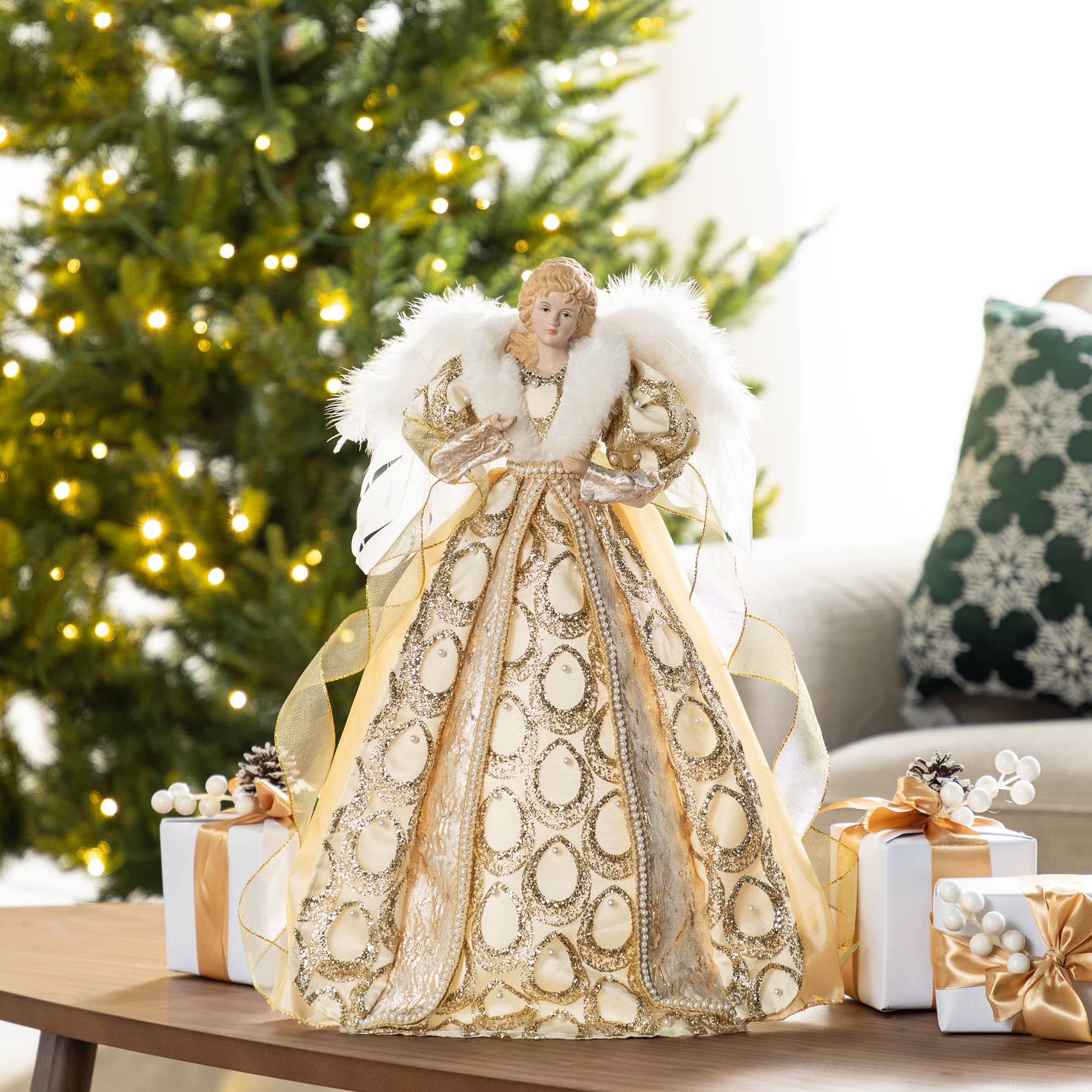 Glitzhome® 18.5"H Faux Fur & PVC Christmas Elegant Angel Tree Topper with Porcelain Face