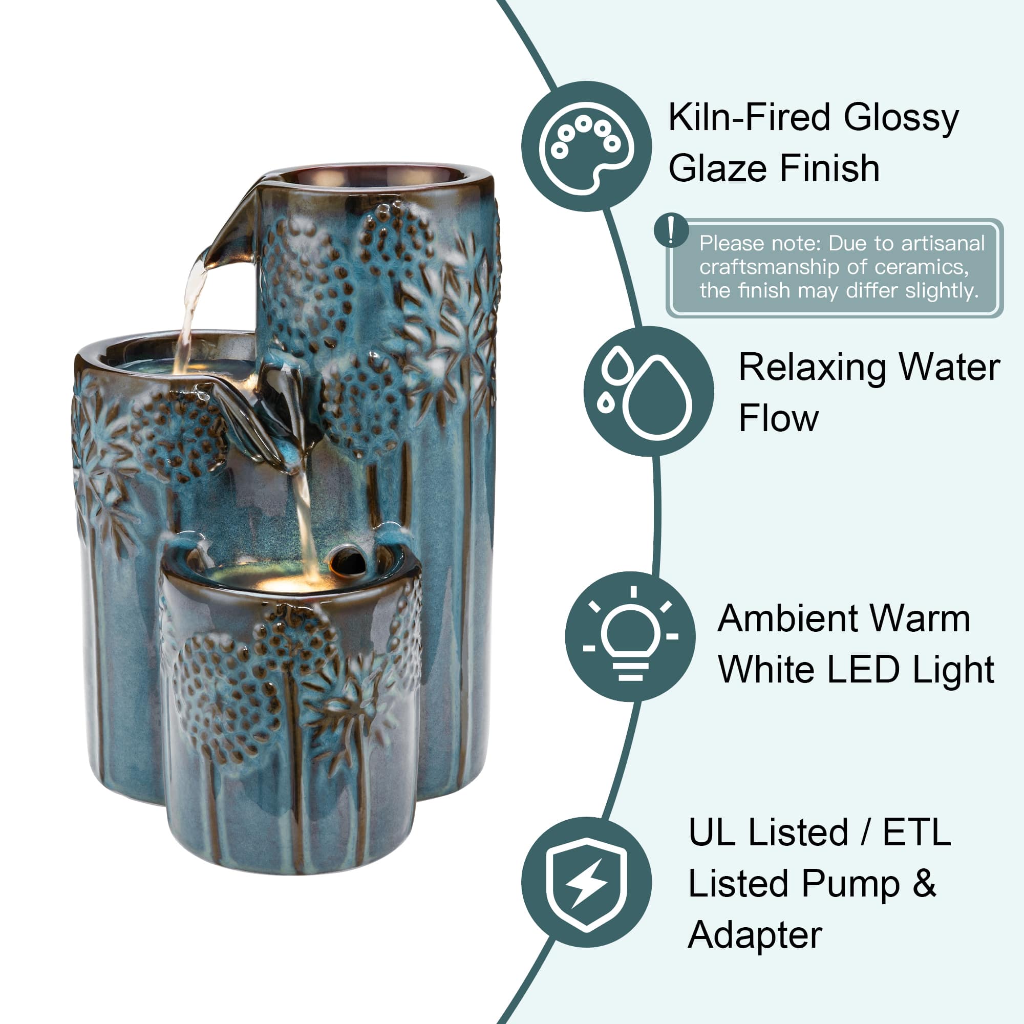 Glitzhome® 10" LED 3-Tier Turquoise Tabletop Fountain with Pump