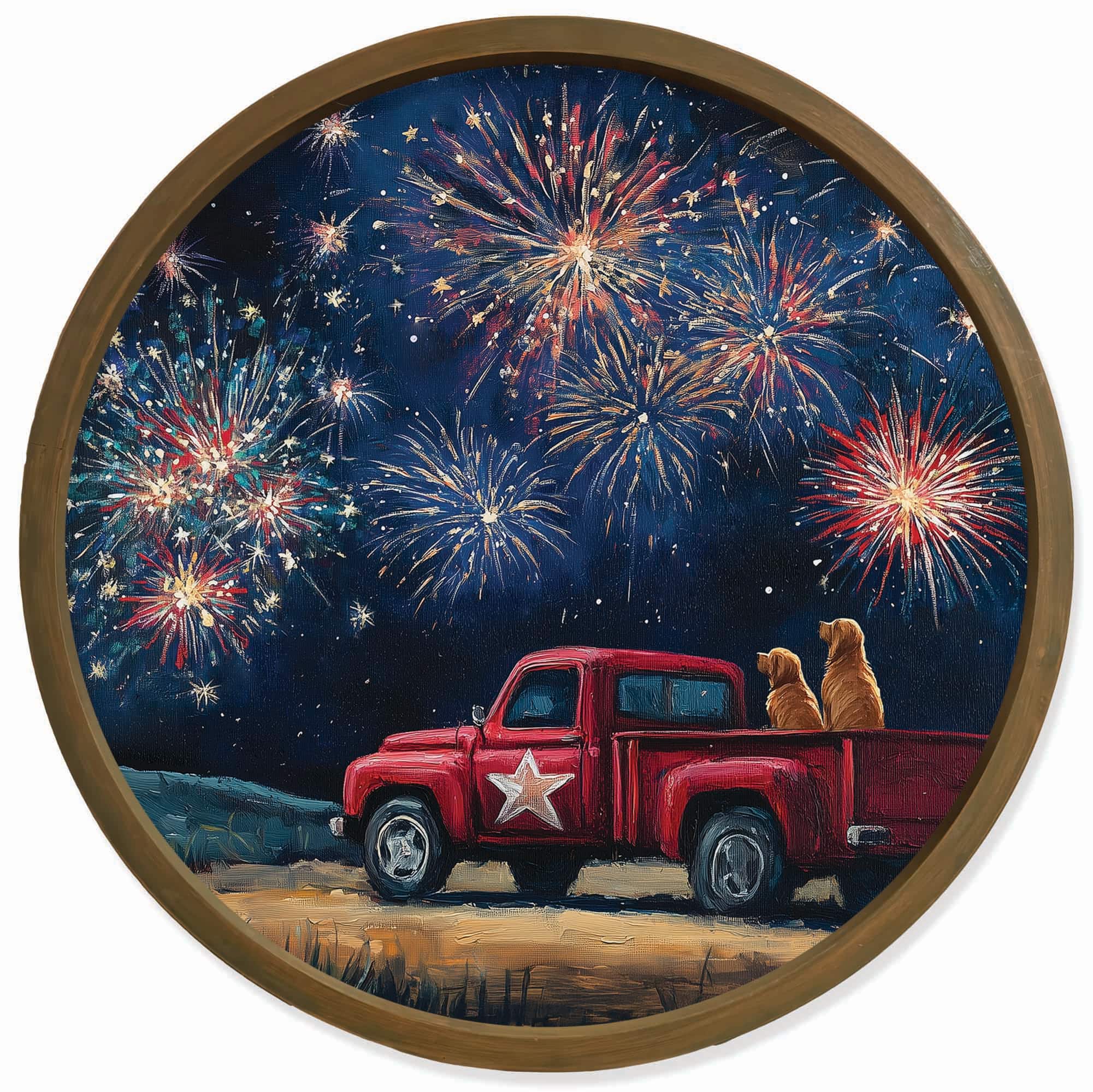 20" Goldens Watching Fireworks Round Framed Print