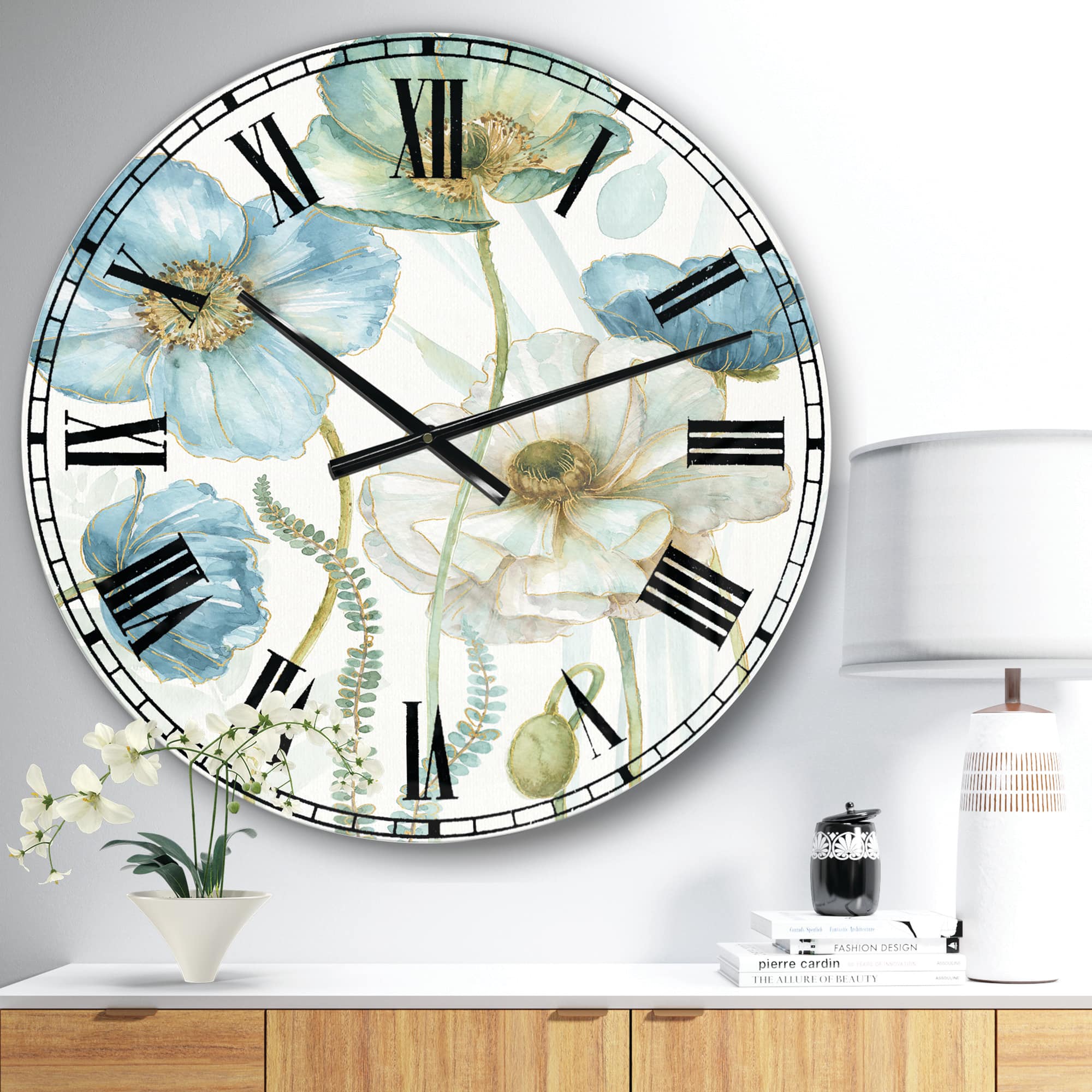 Designart 'Blue Cottage Flowers Drawing Ii Farmhouse Wall Clock