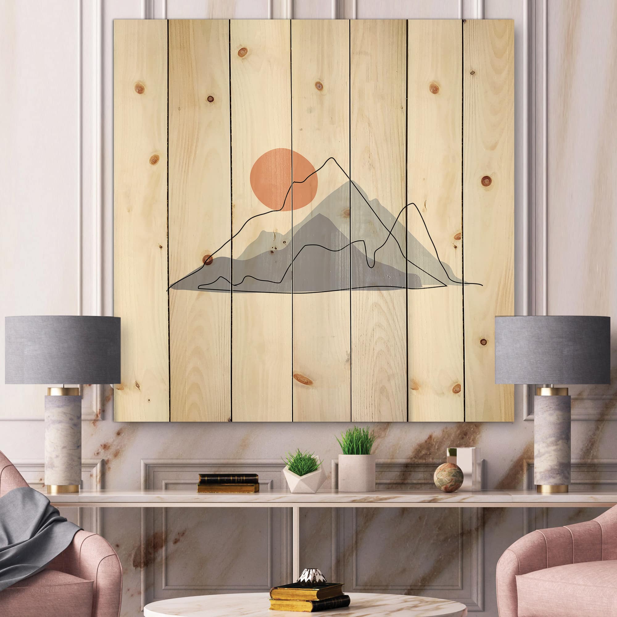 Designart - Abstract Mountainscape With Red Moon