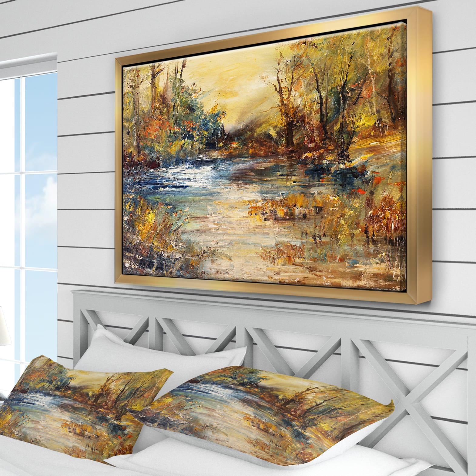 Designart - Stream in Forest Oil Painting - Landscape Painting Framed Canvas Print