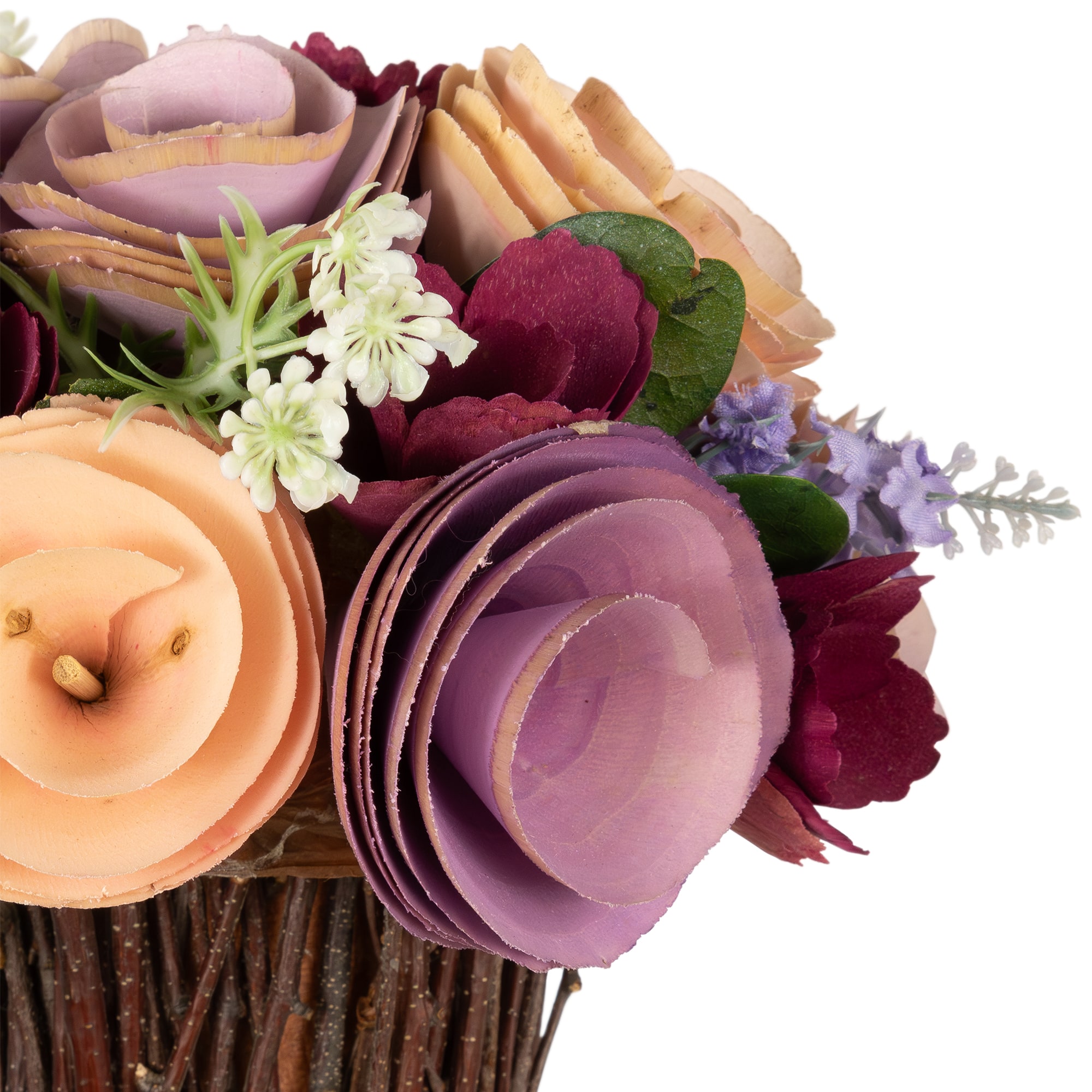 9.5" Wine Red & Purple Wooden Floral Artificial Spring Bouquet