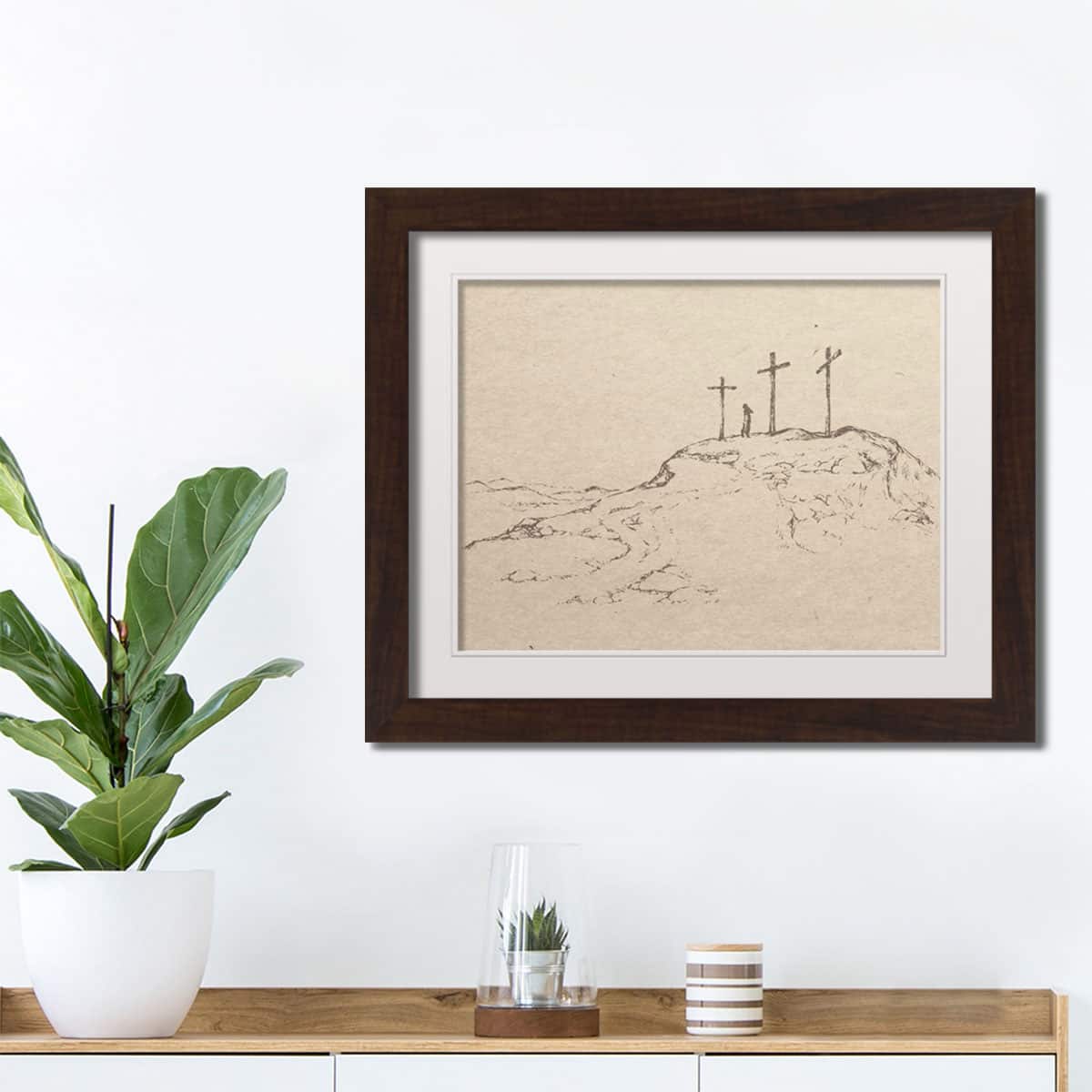 Crosses On Hill Sketch 6 16" x 20" Walnut Framed Print Under Plexiglass