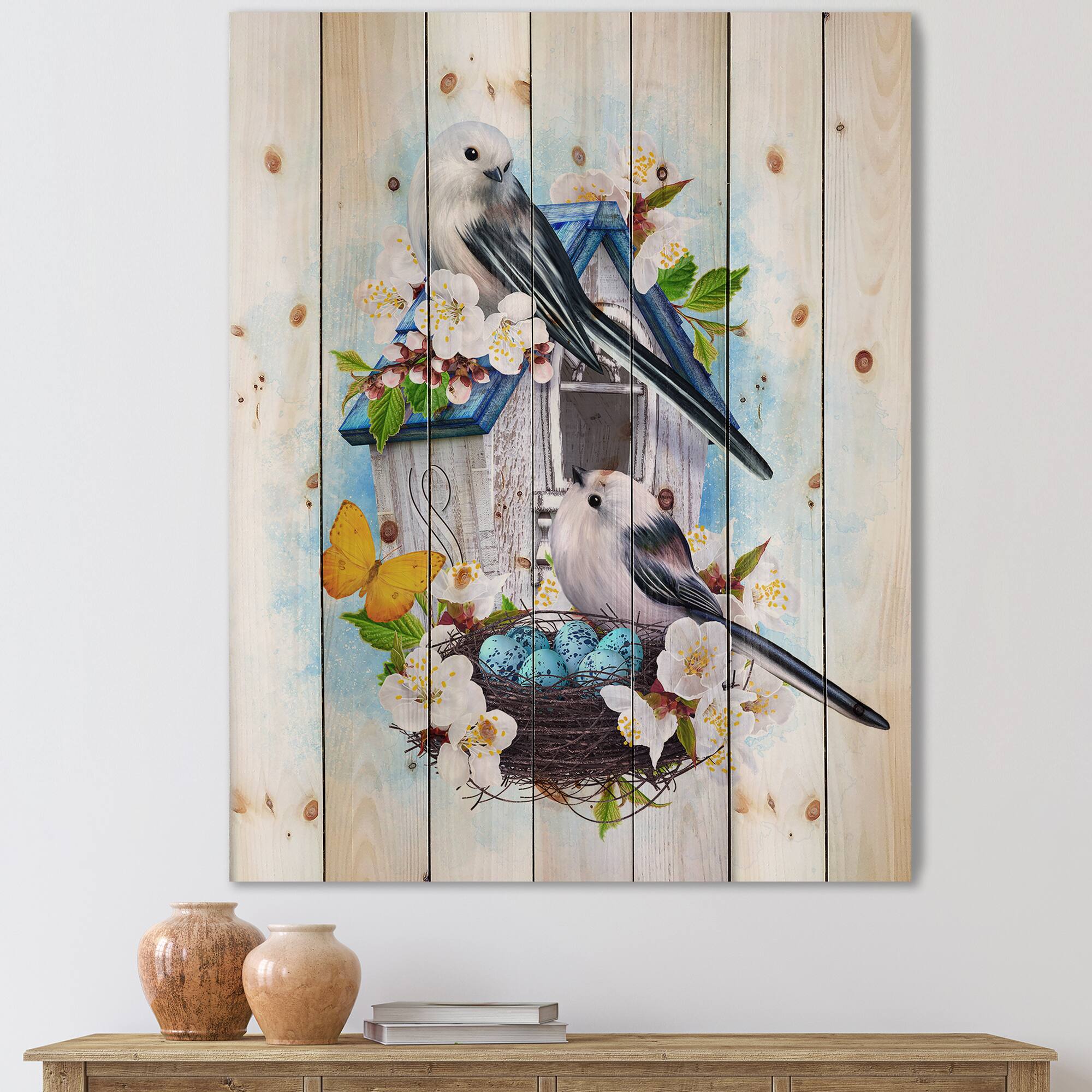 Designart - Two Tit Birds Sitting Near The Nest With Eggs II
