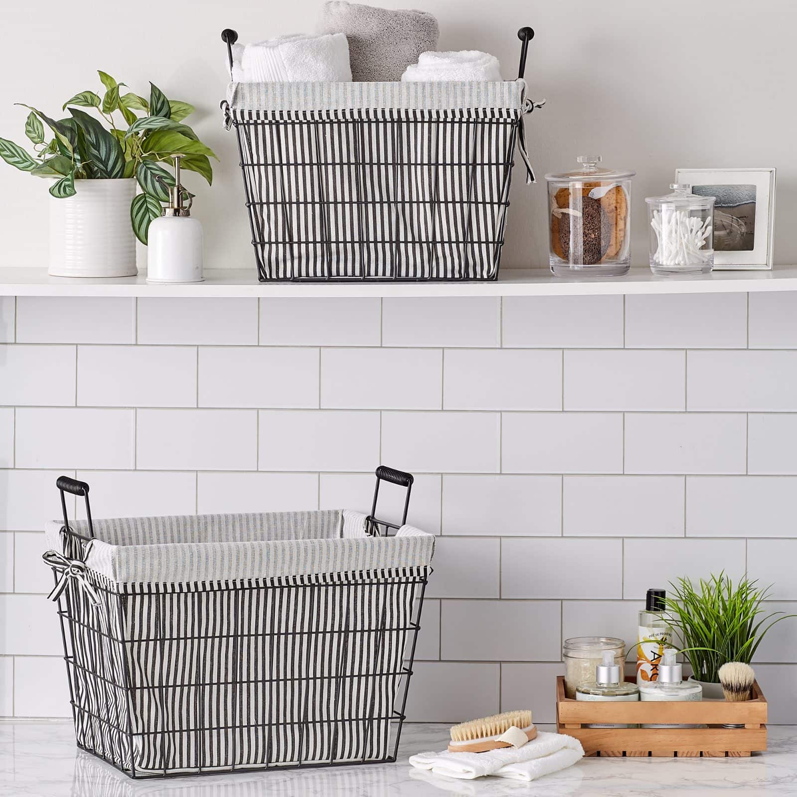 DII® Black & White Ticking Stripe Lined Basket Set