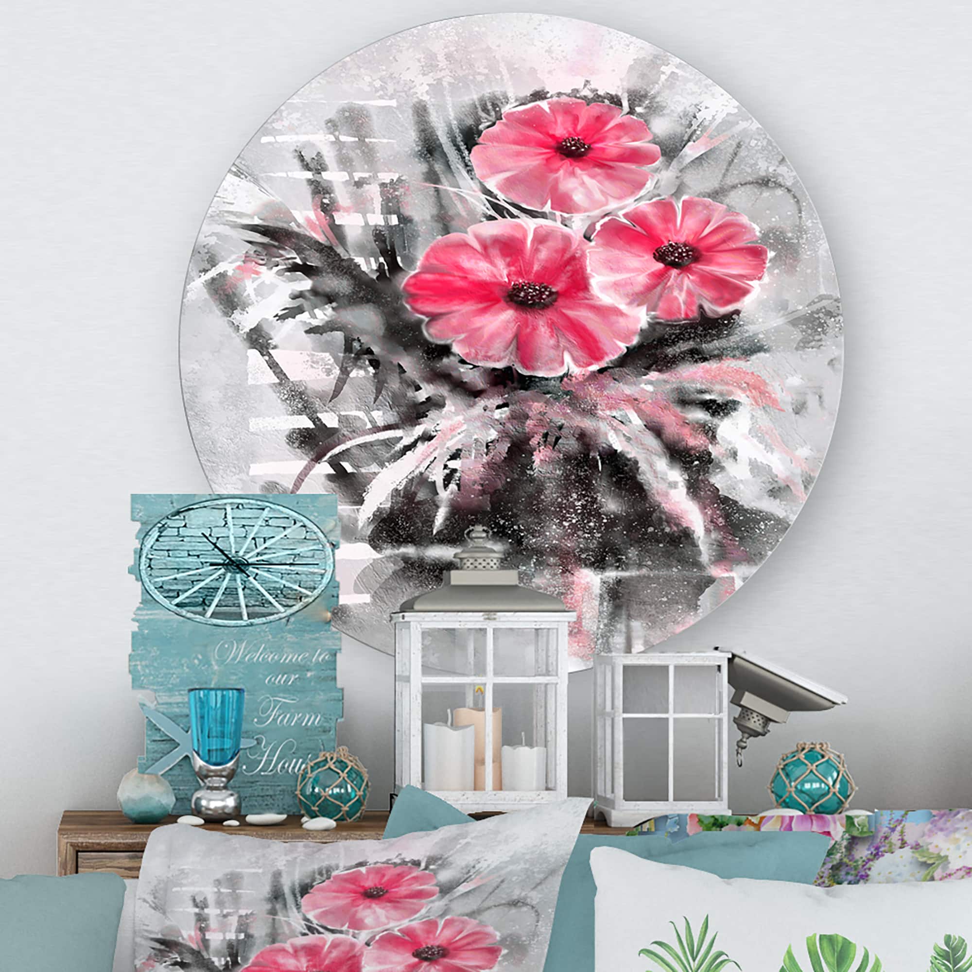 Designart - Abstract Red Flowers On Gray - Traditional Metal Circle Wall Art
