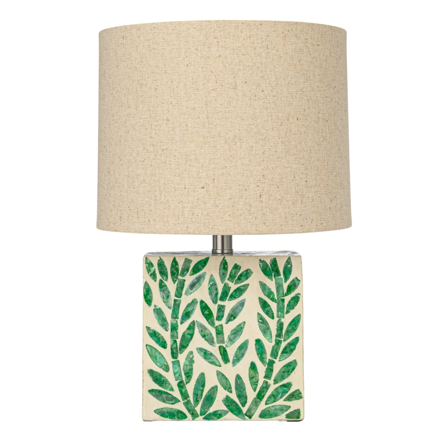 Hello Honey® 14" Green Botanical Pattern Reclaimed Wood & Shell Table Lamp with Linen Shade, 2ct.