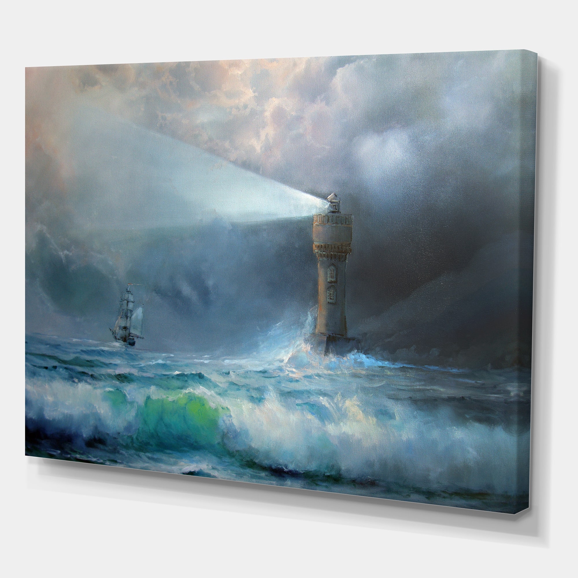 Designart - Lighthouse Shining Light During Stormy Night II - Nautical & Coastal Canvas Wall Art Print