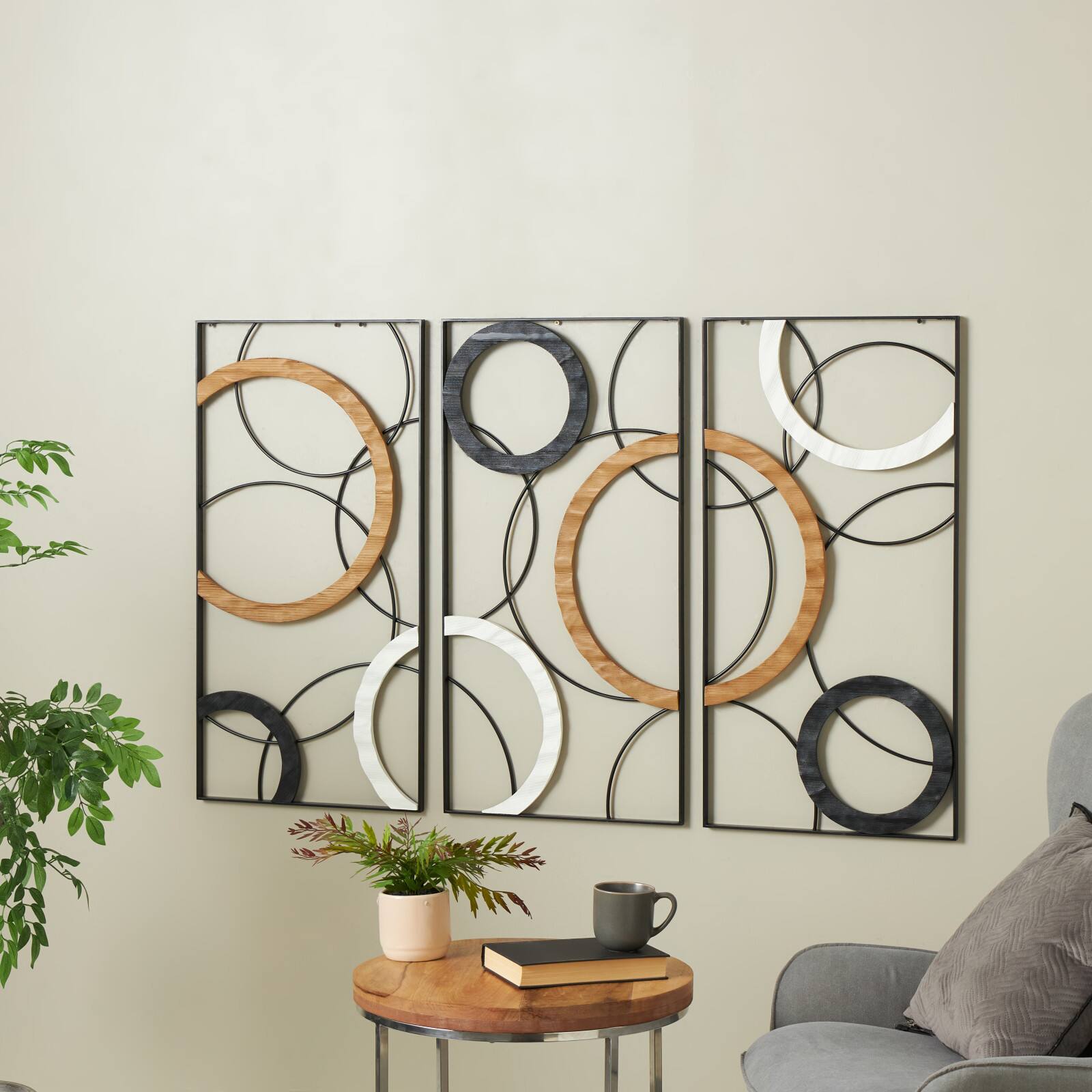 18" x 36" Black Metal Abstract with Brown & White Wooden Accent Home Wall Décor, 3ct.