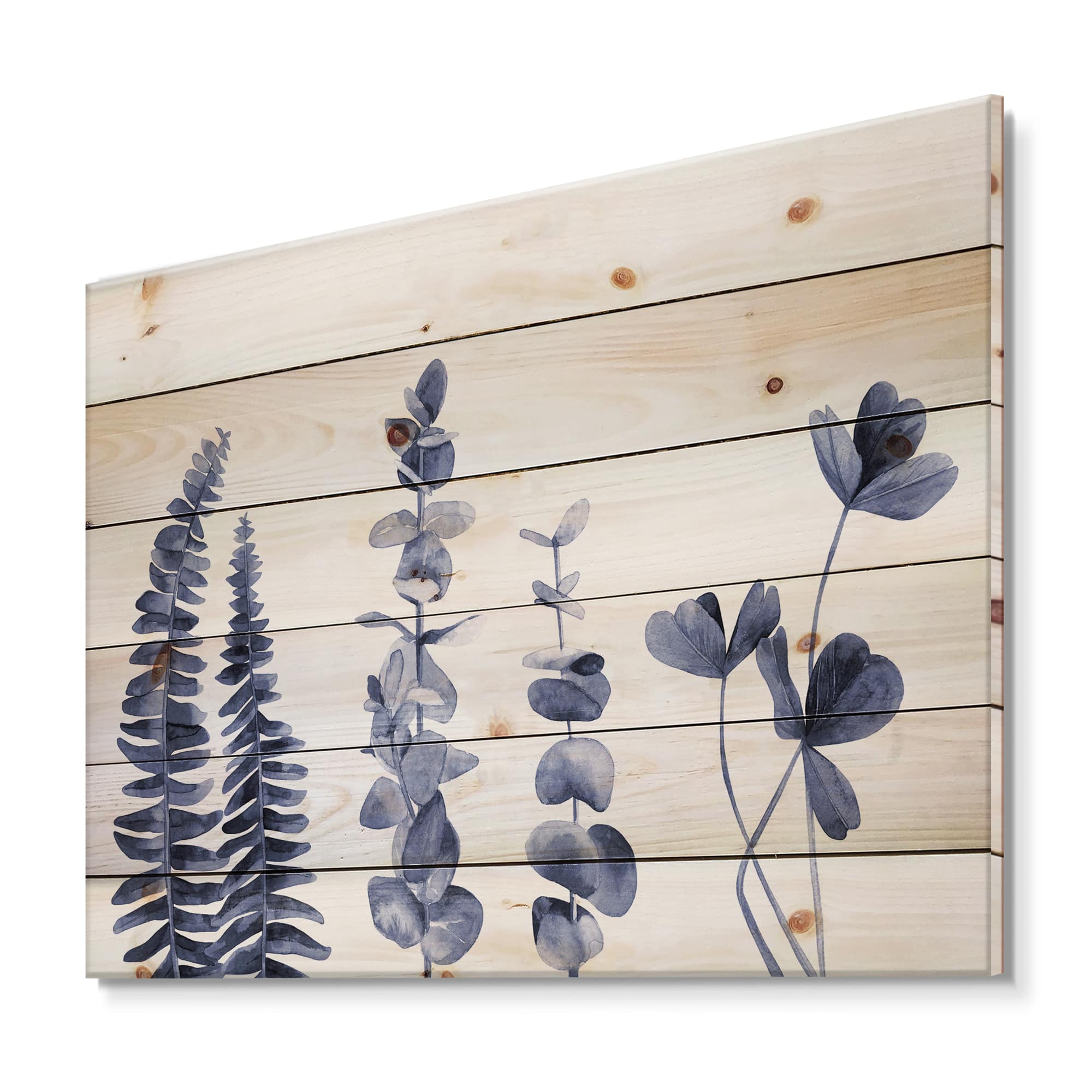 Designart - Navy Blue Eucalyptus I - Traditional Print on Natural Pine Wood