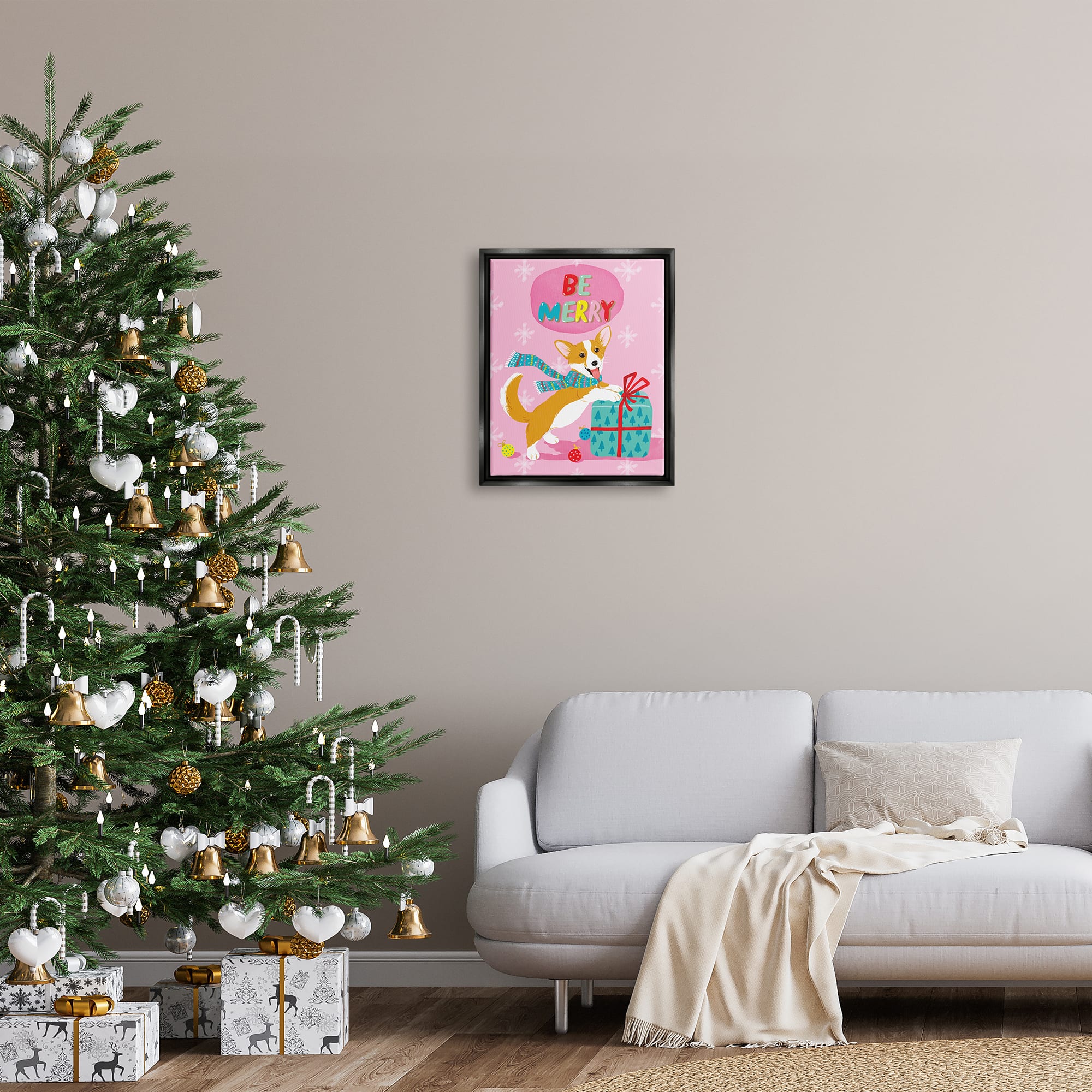 Stupell Industries Be Merry Smiling Puppy Gift Framed Floater Canvas Wall Art