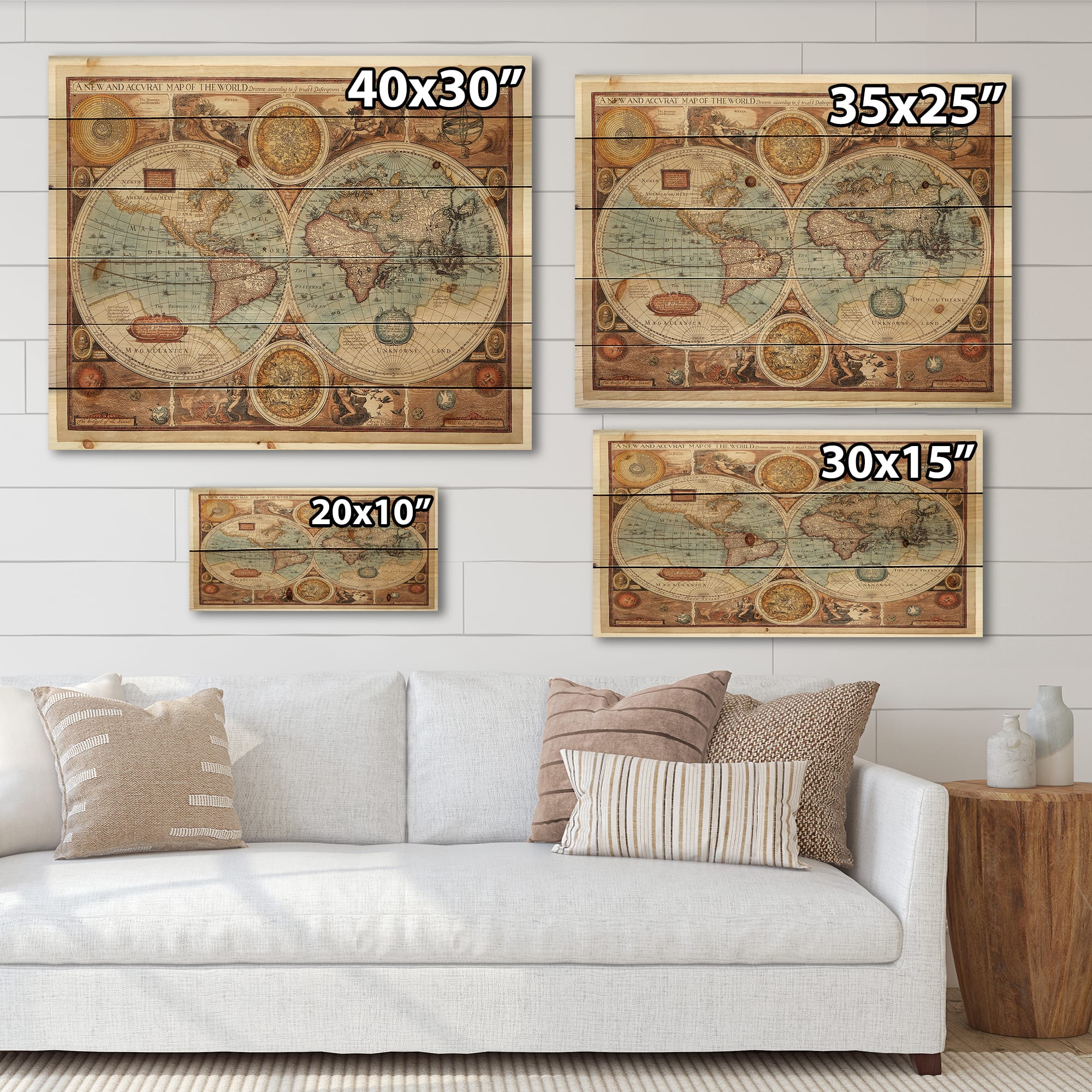 Designart - Ancient Map of The World VIII - Vintage Print on Natural Pine Wood