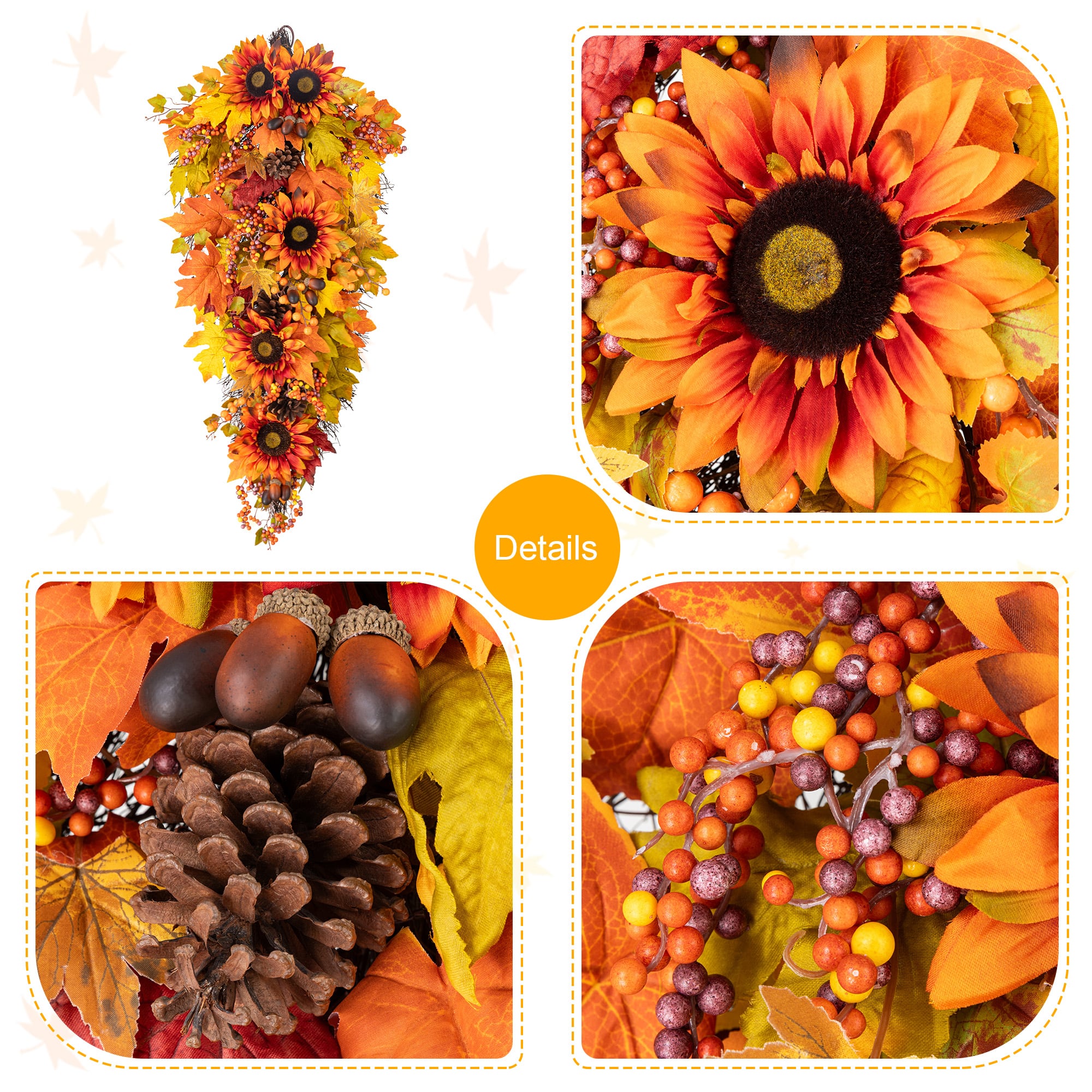 Glitzhome® 38" Oversized Fall Sunflower Teardrop Swag