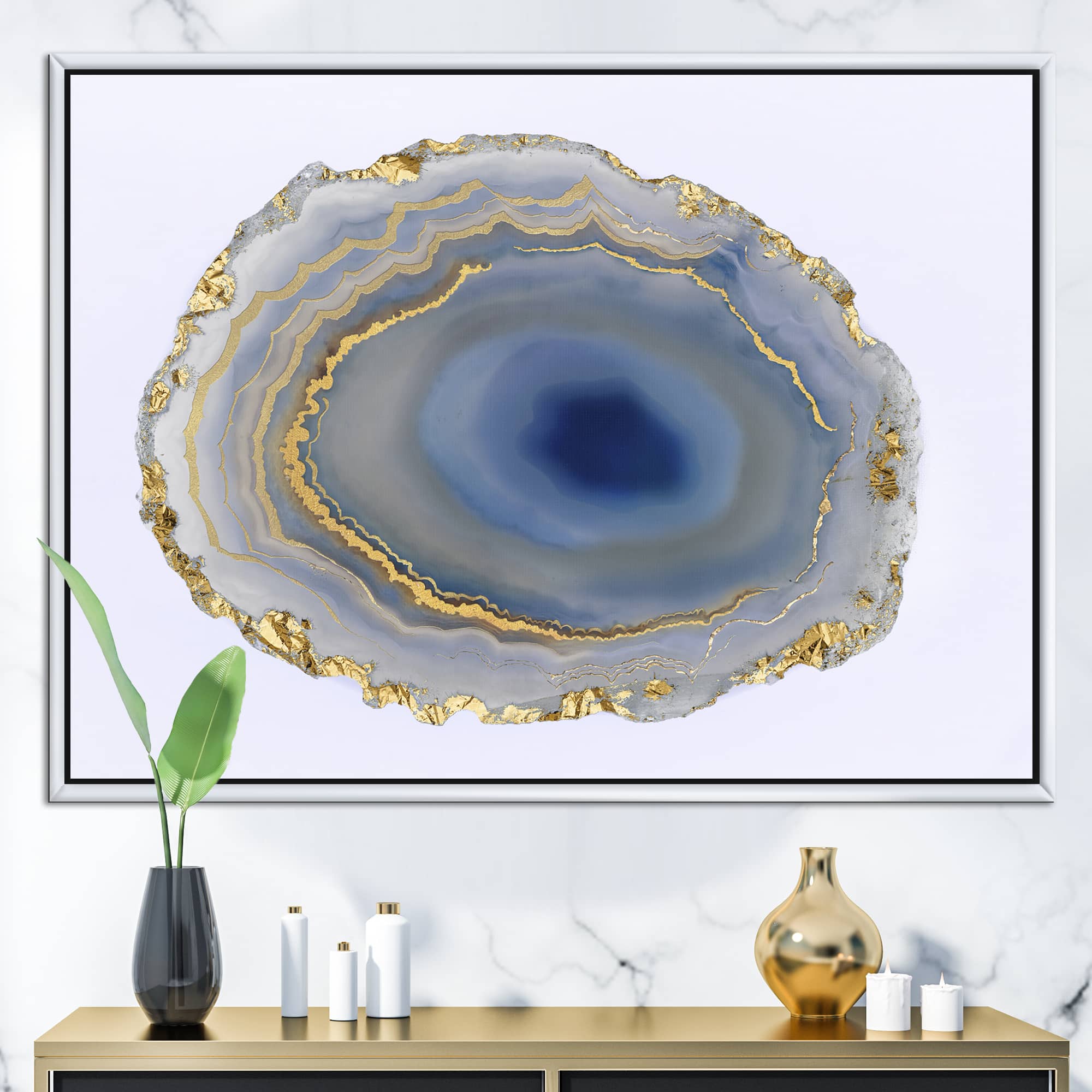 Designart - Golden Water Agate - Fashion Canvas Wall Art in White Frame