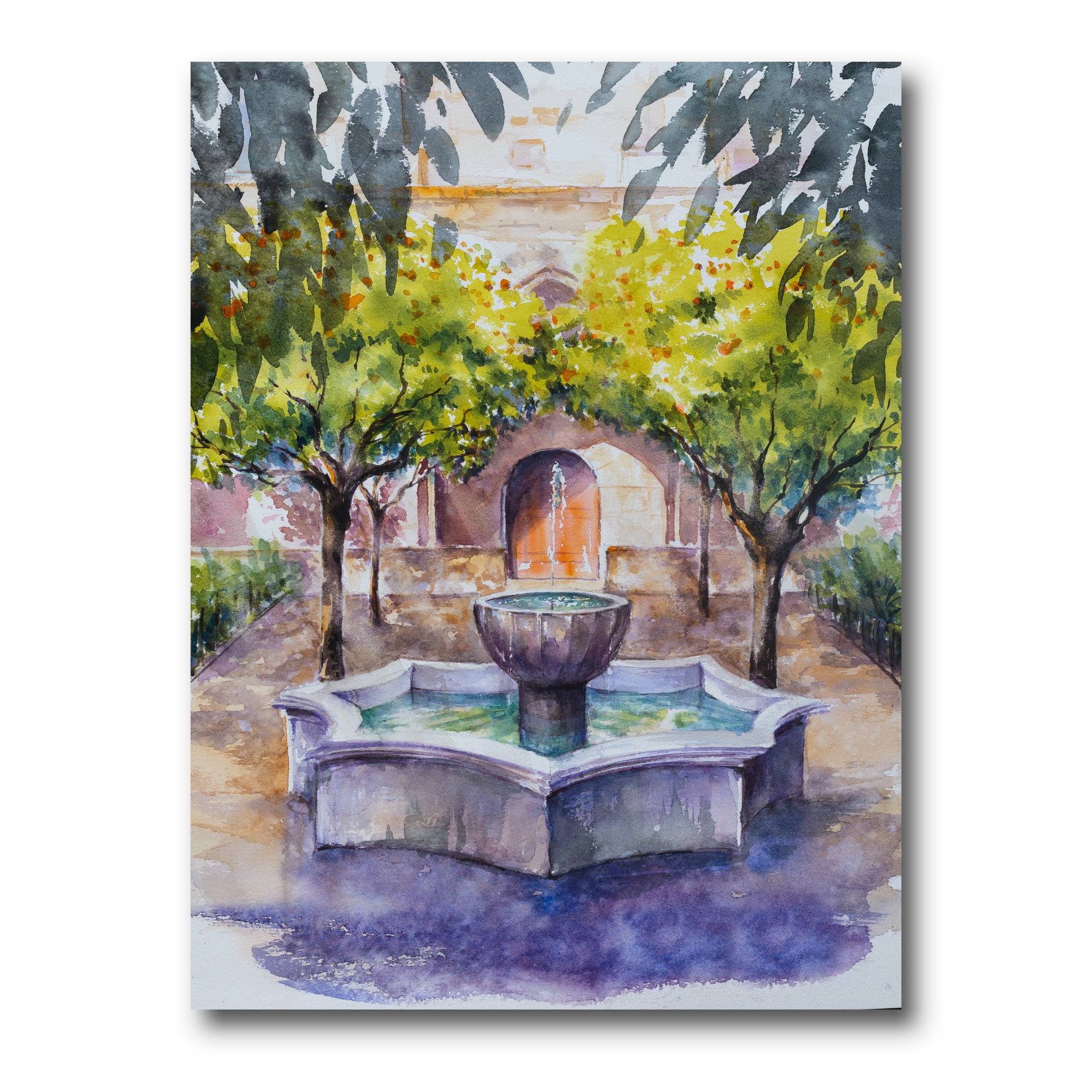 Designart - Small Fountain Picture With Trees In The Village - Country Canvas Wall Art Print