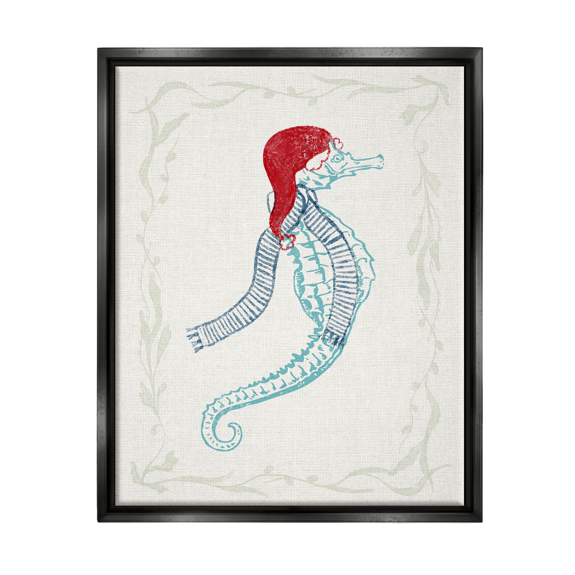 Stupell Industries Coastal Christmas Seahorse Santa Framed Floater Canvas Wall Art