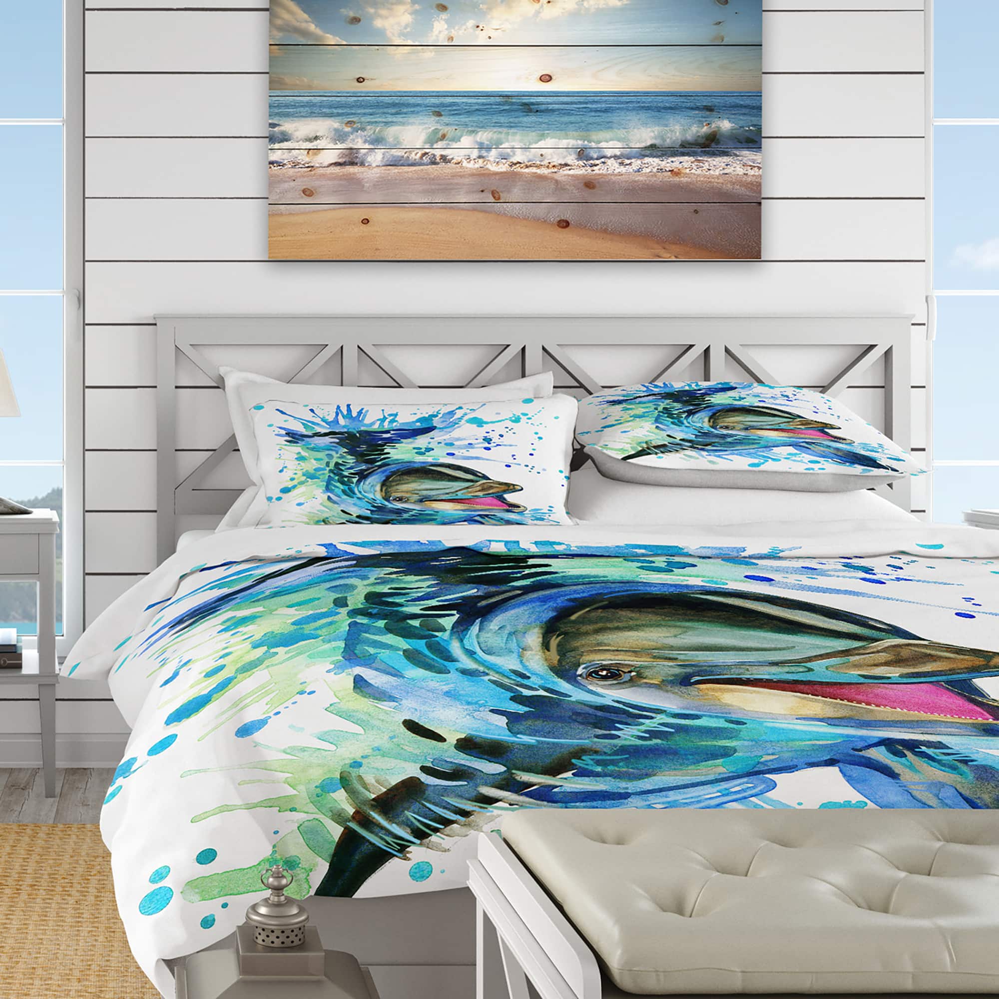 Designart 'Large Blue Dolphin Watercolor' Nautical & Coastal Bedding Set - Duvet Cover & Shams