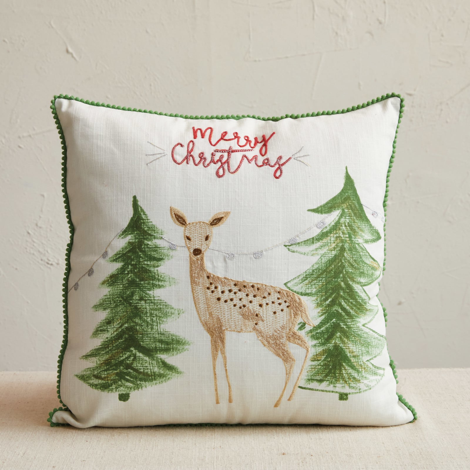Hello Honey® 18" Embroidered Merry Christmas Deer Cotton Slub Throw Pillow with Pom Pom Trim