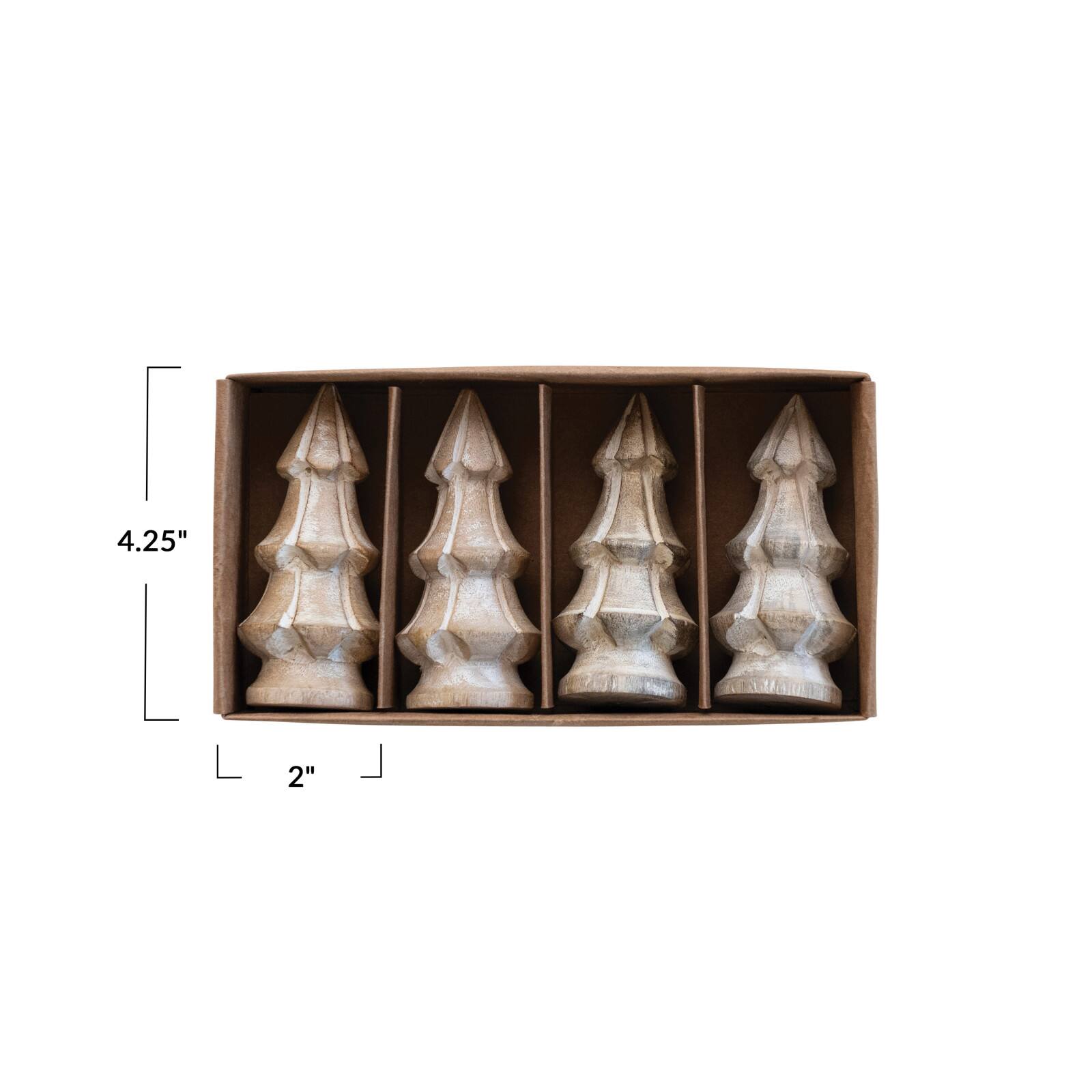 Hello Honey® 4.25" White Carved Mango Wood Christmas Trees, 4ct.