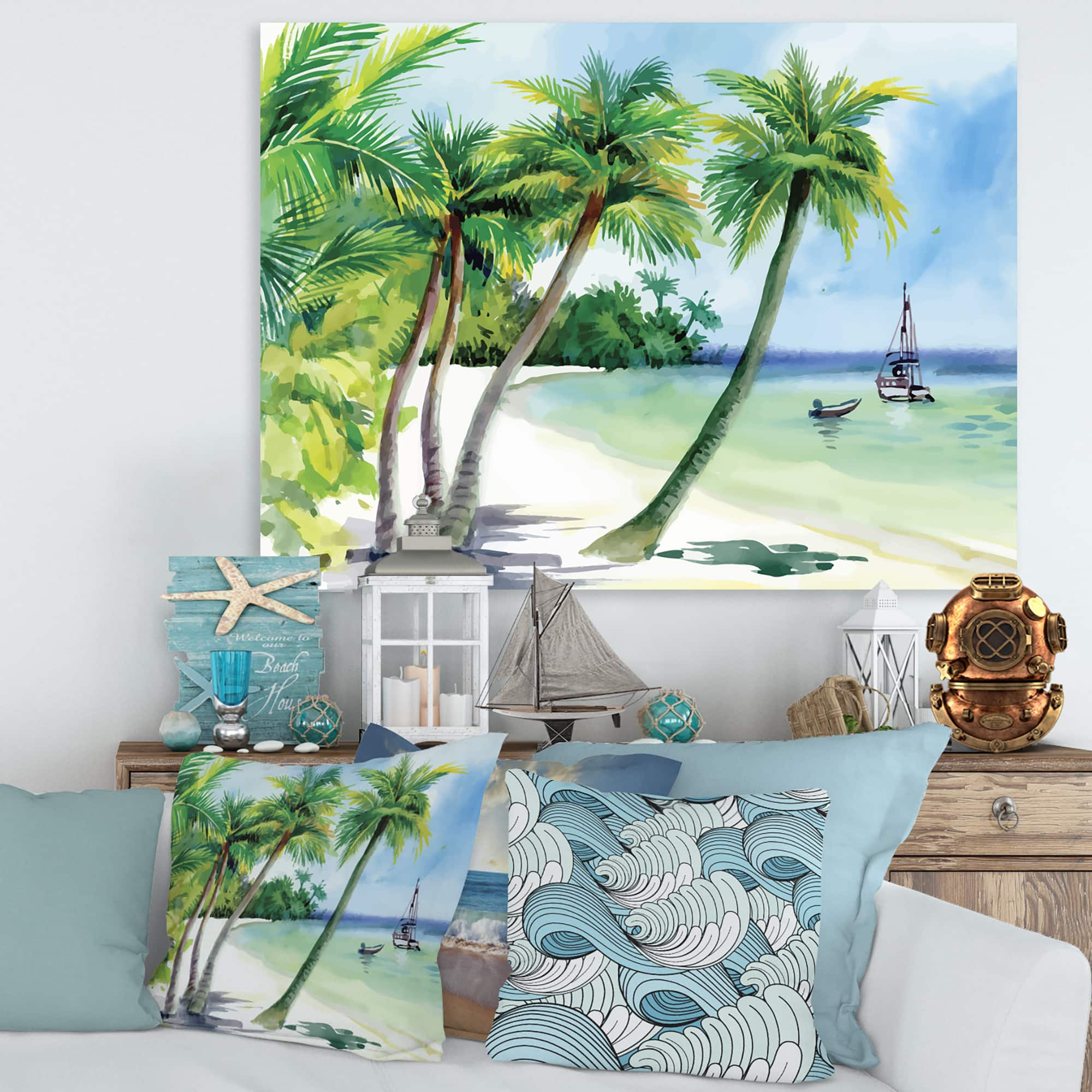 Designart - Summer Beach With Palm Trees - Nautical & Coastal Canvas Wall Art Print