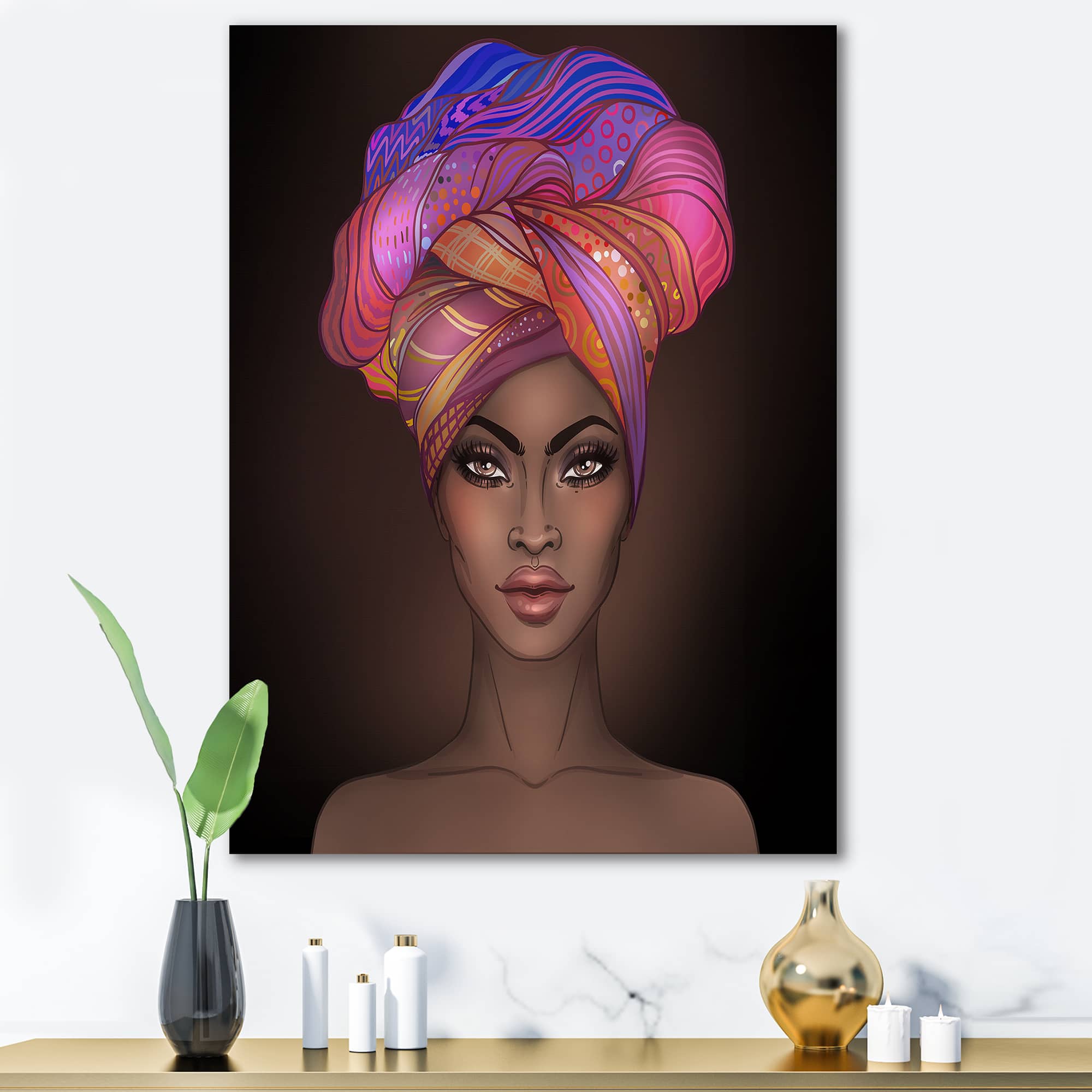 Designart - African American Woman with Turban VI - Modern Canvas Wall Art Print