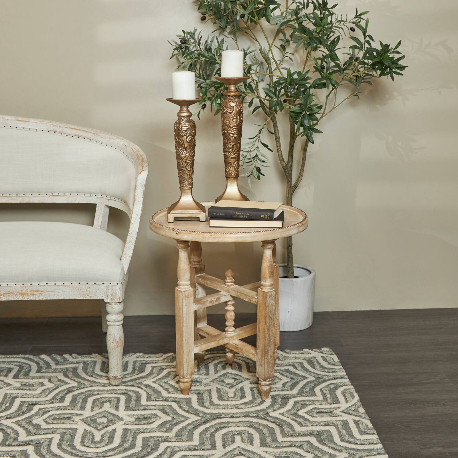 23" Cream Mango Wood Whitewashed Accent Table with Silver Beaded Rim and Turned Legs