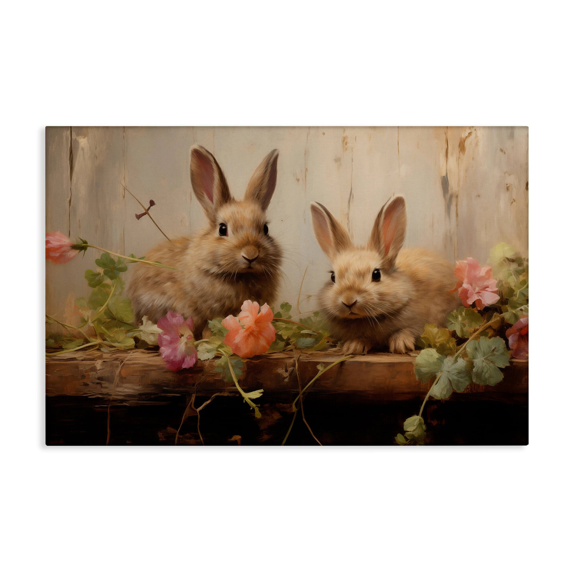 Stupell Industries Easter Bunnies with Garden Blooms Canvas Wall Art