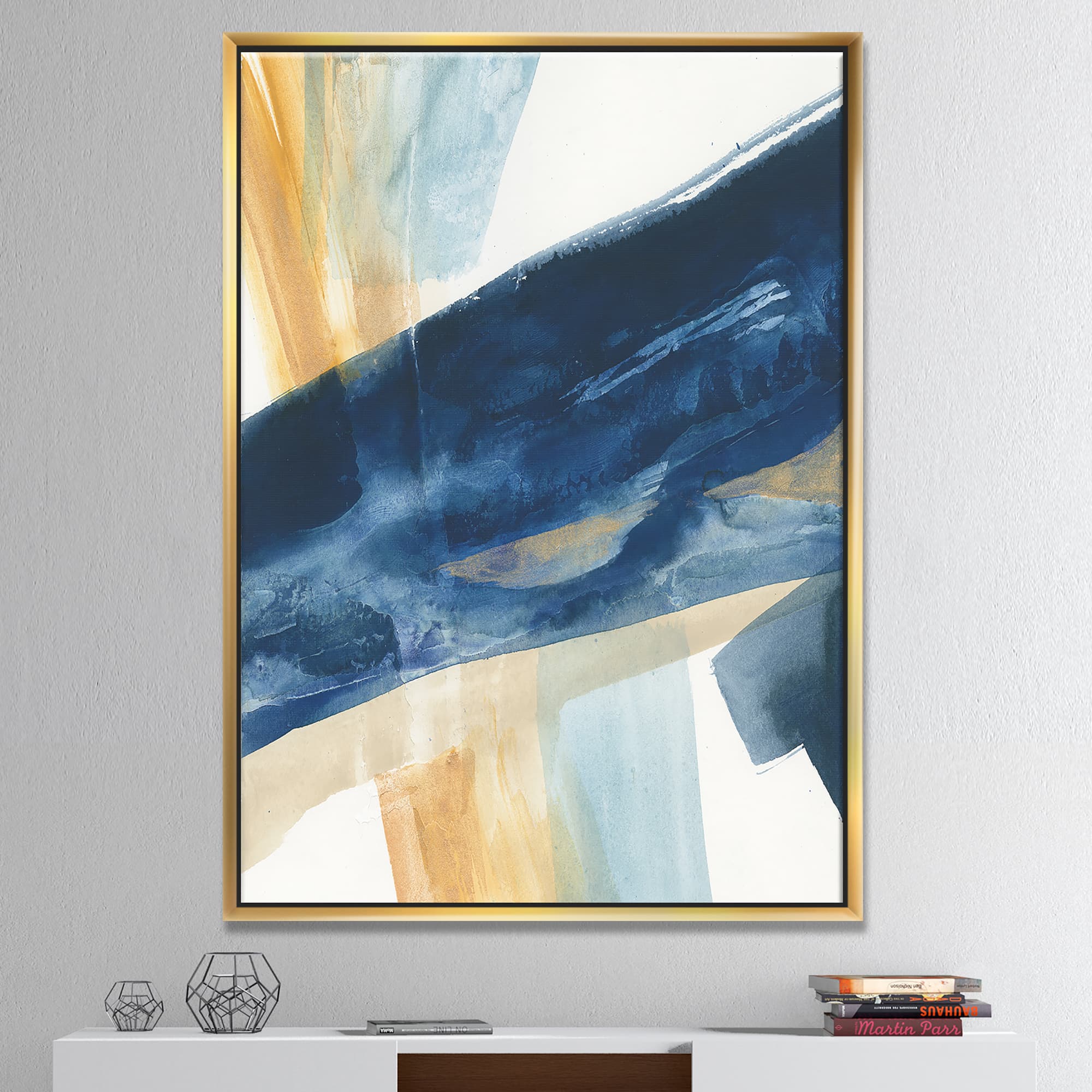 Designart - Indigo Panel I - Glam Modern Canvas in Gold Frame
