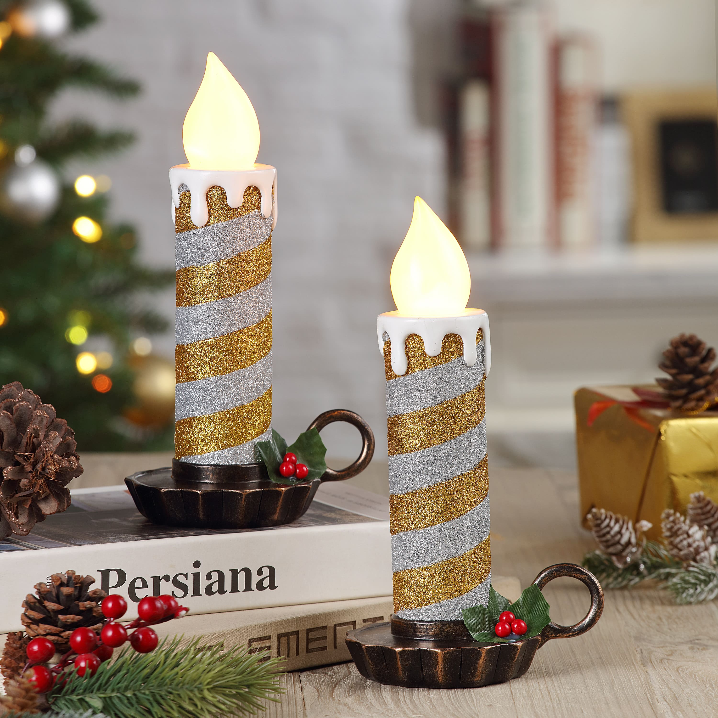 10" Gold & Silver Flickering LED Glittery Striped Candles, 2ct.