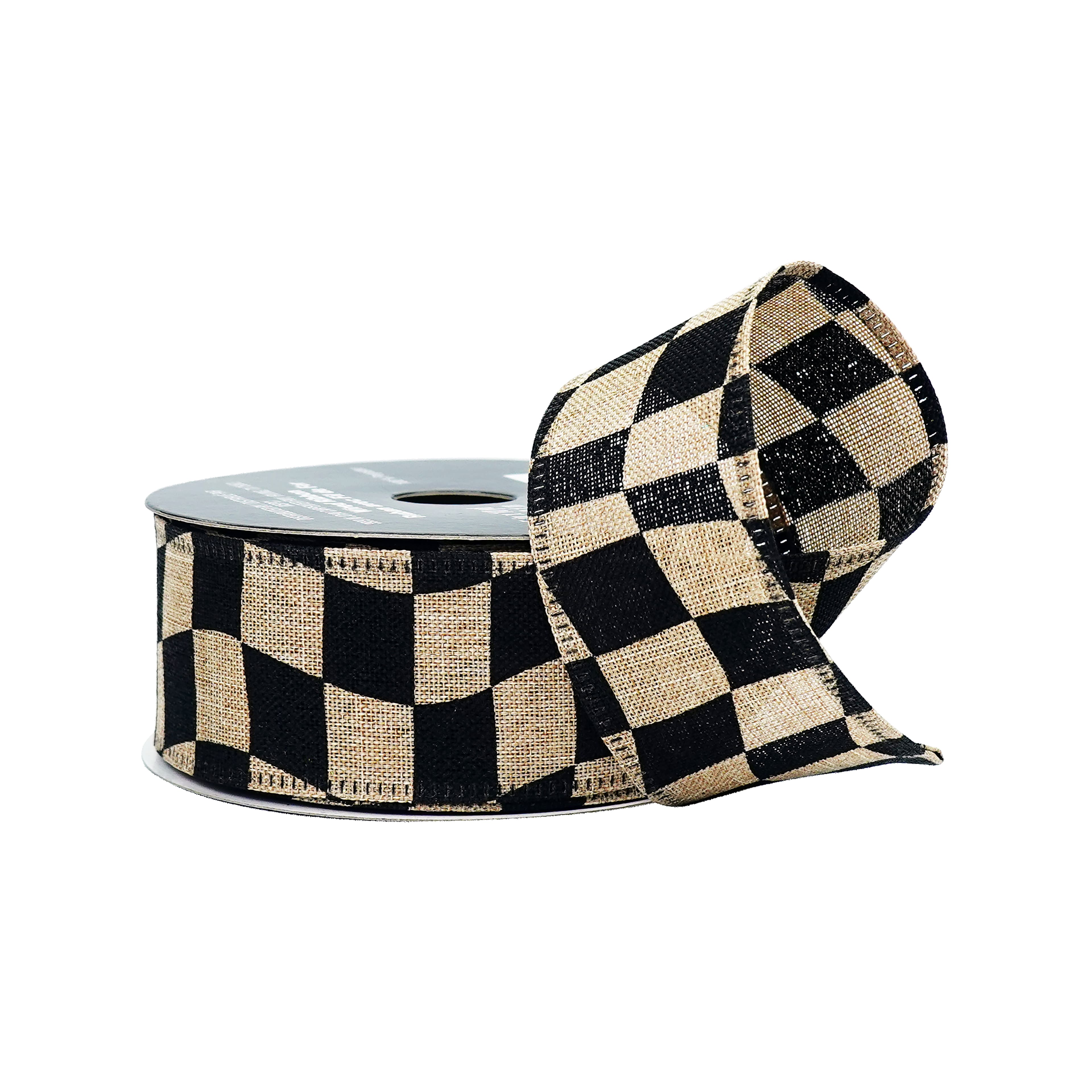 1.5" x 10yd. Wavy Black Check Wired Faux Linen Ribbon by Celebrate It®