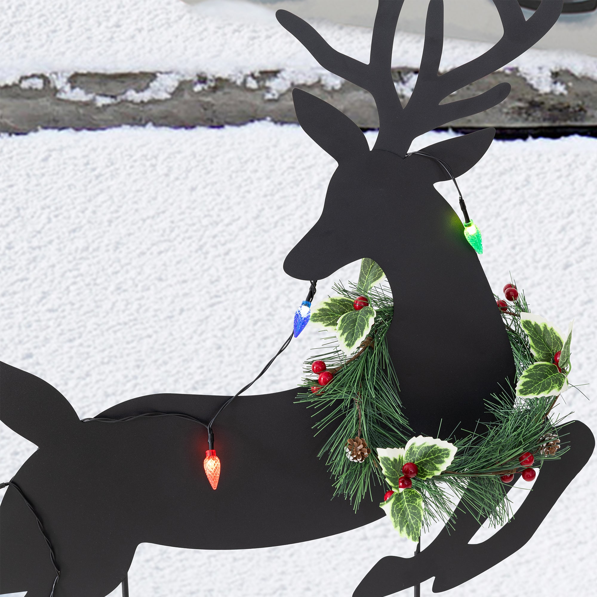 Glitzhome® 36" Set of 3 Christmas Lighted Metal Reindeer & Santa Sleigh Yard Stake with Timer
