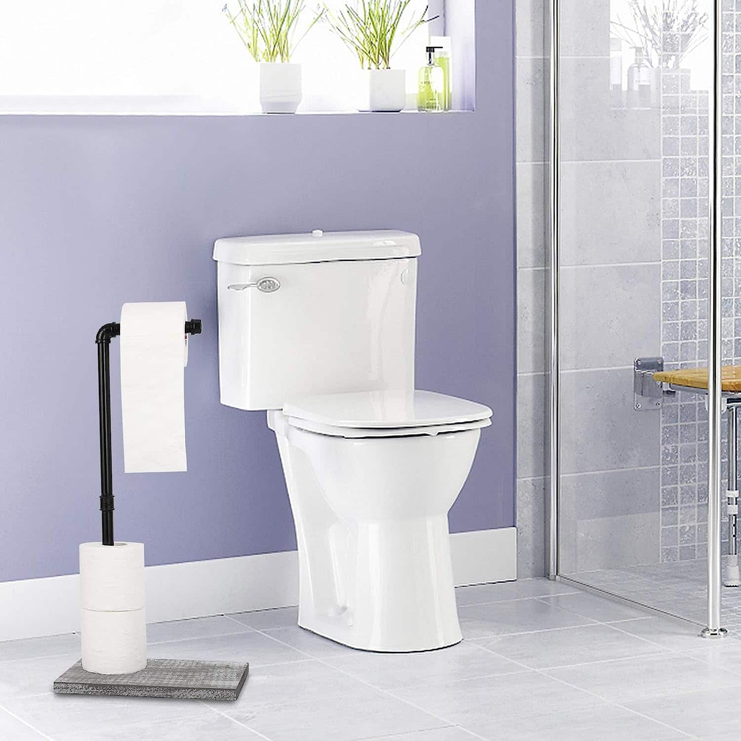 NEX™ Freestanding Iron Pipe Toilet Paper Holder with Solid Wood Base